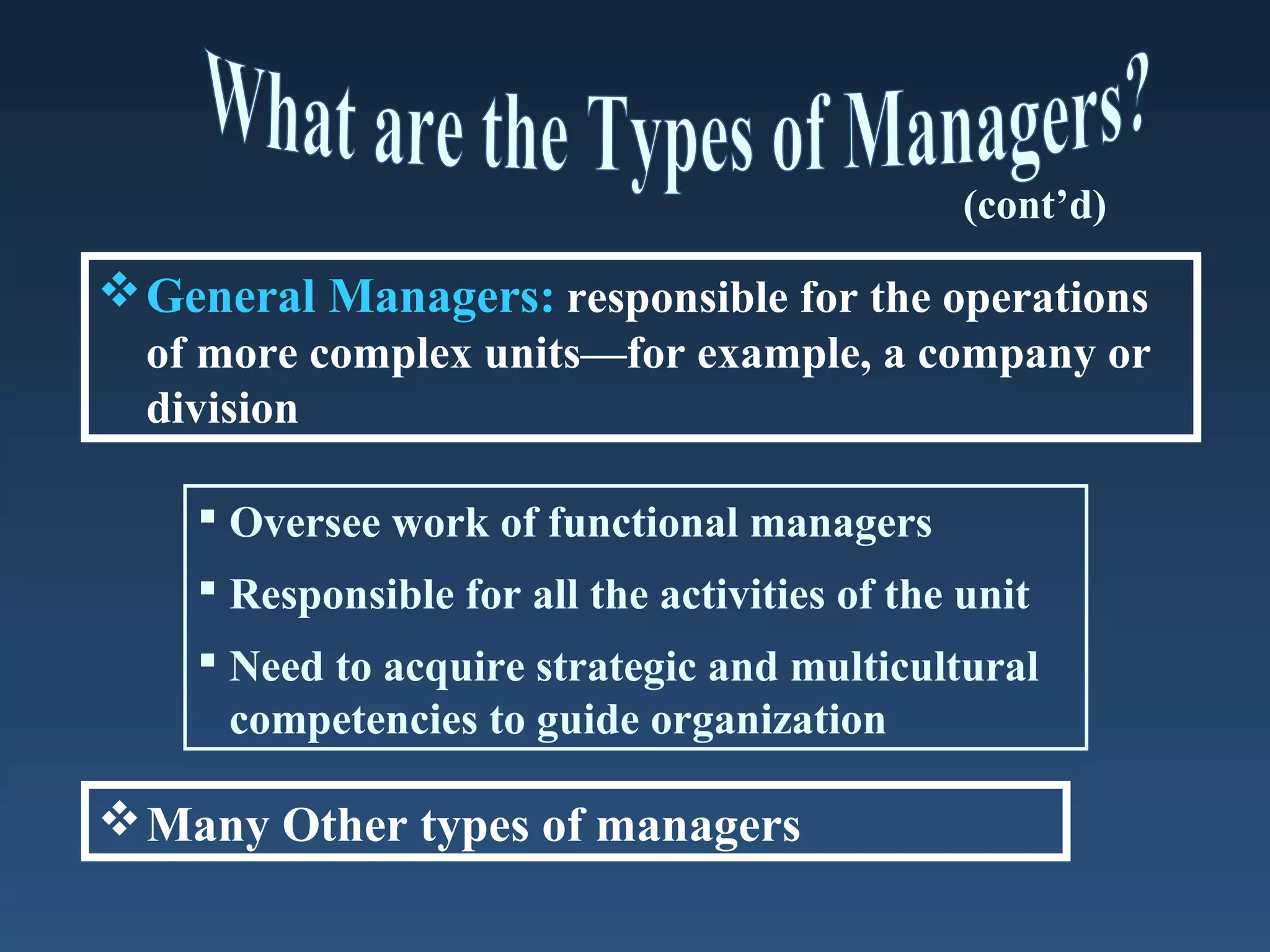 (cont’d)

 General Managers: responsible for the operations
of more complex units—for example, a company or
division
 Oversee work of functional managers
 Responsible for all the activities of the unit
 Need to acquire strategic and multicultural
competencies to guide organization

 Many Other types of managers

 