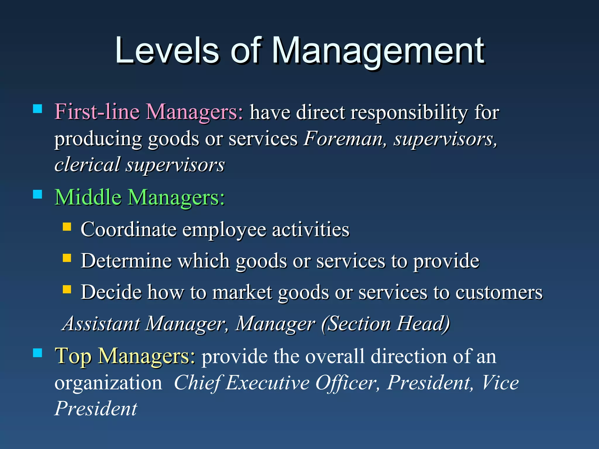 Levels of Management


First-line Managers: have direct responsibility for
producing goods or services Foreman, supervisors,
clerical supervisors



Middle Managers:
Coordinate employee activities
 Determine which goods or services to provide
 Decide how to market goods or services to customers
Assistant Manager, Manager (Section Head)
Top Managers: provide the overall direction of an
organization Chief Executive Officer, President, Vice
President




 