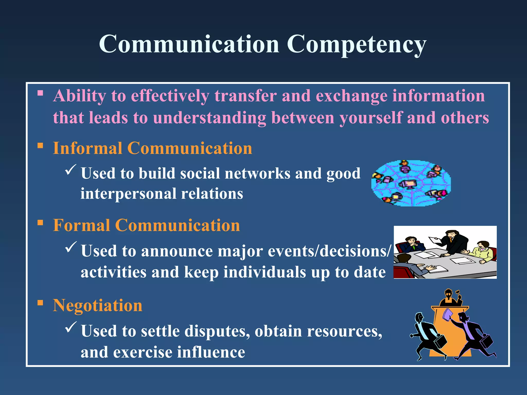 Communication Competency
 Ability to effectively transfer and exchange information
that leads to understanding between yourself and others
 Informal Communication
 Used to build social networks and good
interpersonal relations

 Formal Communication
 Used to announce major events/decisions/
activities and keep individuals up to date
 Negotiation
 Used to settle disputes, obtain resources,
and exercise influence

 