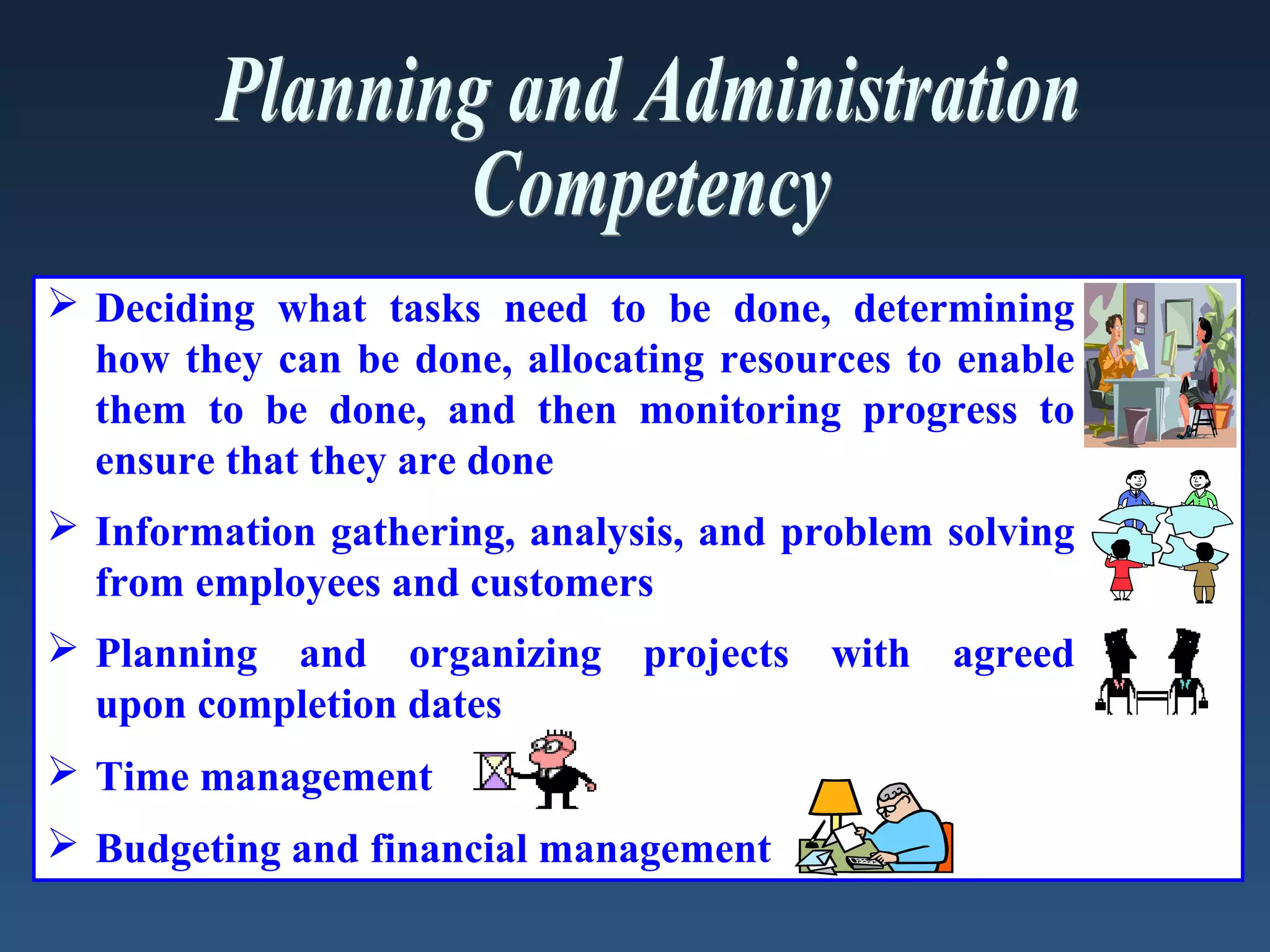  Deciding what tasks need to be done, determining
how they can be done, allocating resources to enable
them to be done, and then monitoring progress to
ensure that they are done
 Information gathering, analysis, and problem solving
from employees and customers
 Planning and organizing projects with agreed
upon completion dates
 Time management
 Budgeting and financial management

 