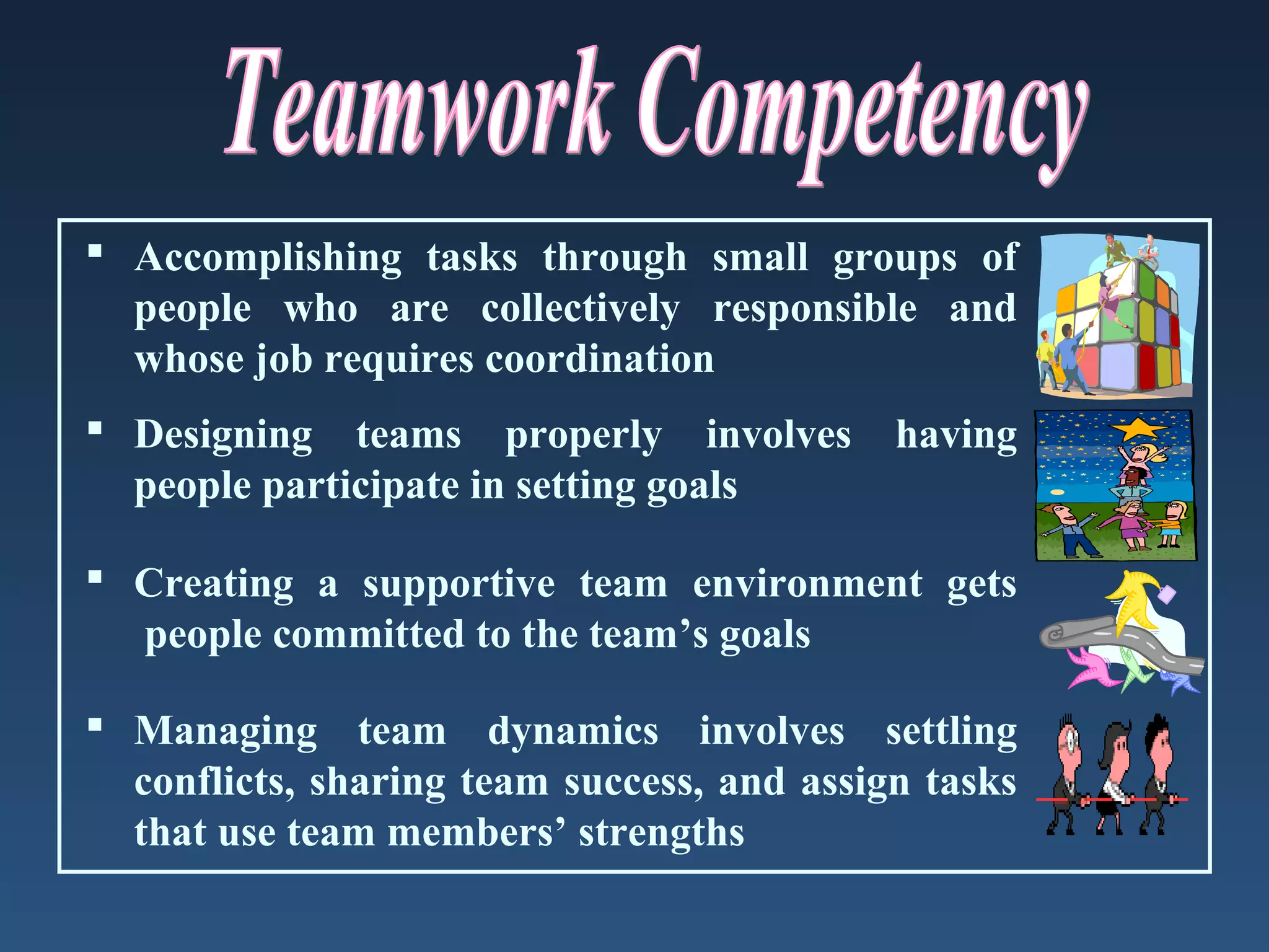  Accomplishing tasks through small groups of
people who are collectively responsible and
whose job requires coordination
 Designing teams properly involves
people participate in setting goals

having

 Creating a supportive team environment gets
people committed to the team’s goals
 Managing team dynamics involves settling
conflicts, sharing team success, and assign tasks
that use team members’ strengths

 