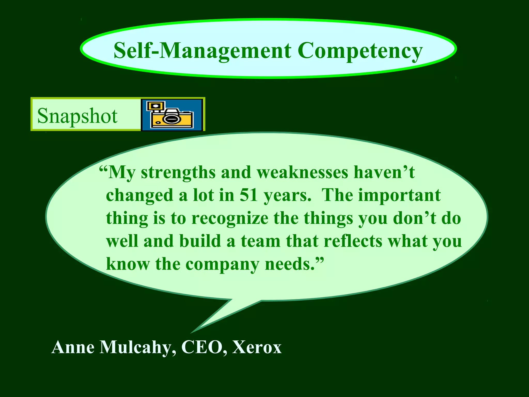 Self-Management Competency
Snapshot
“My strengths and weaknesses haven’t
changed a lot in 51 years. The important
thing is to recognize the things you don’t do
well and build a team that reflects what you
know the company needs.”

Anne Mulcahy, CEO, Xerox

 