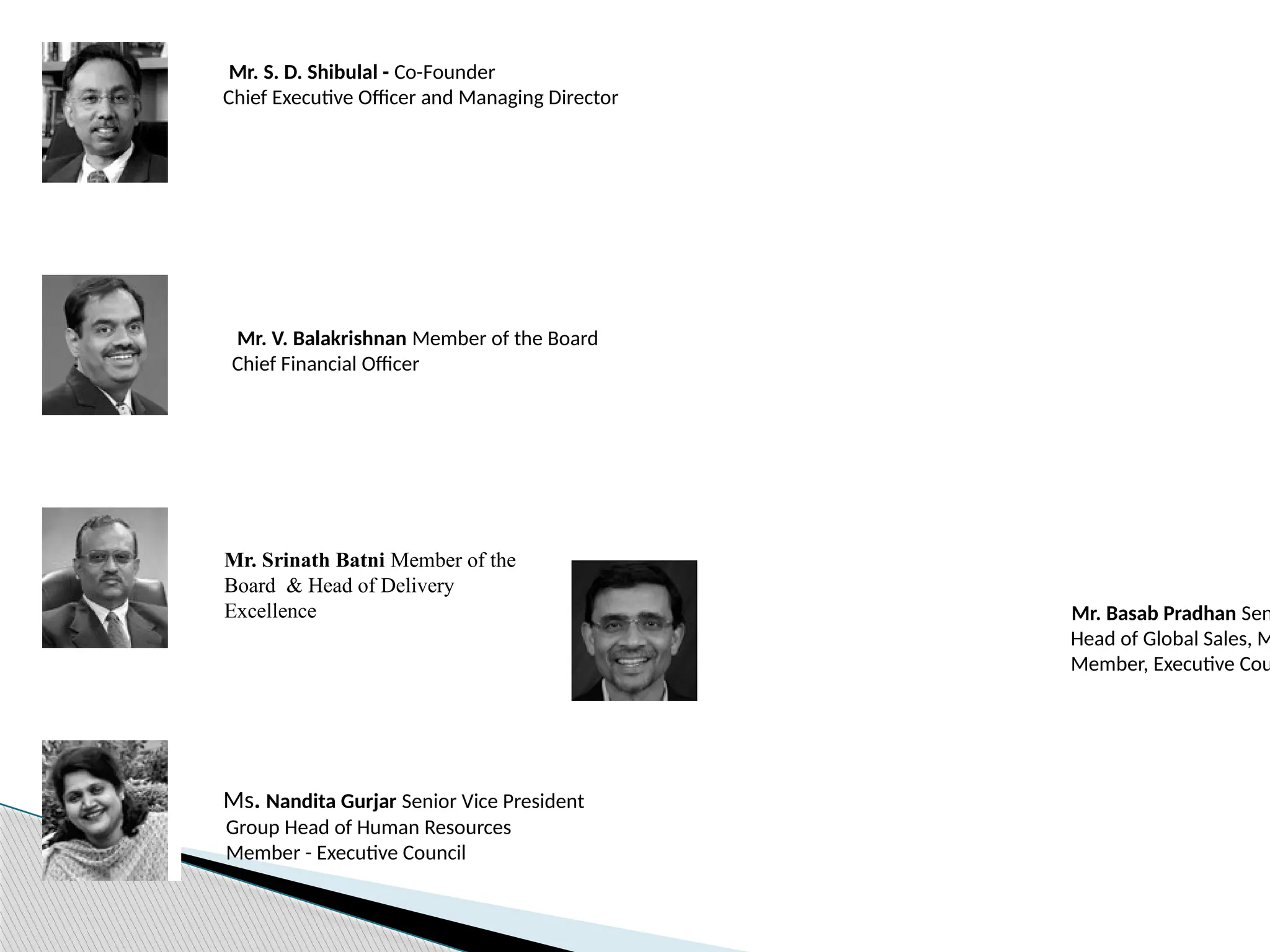 Mr. S. D. Shibulal - Co-Founder
Chief Executive Officer and Managing Director
Mr. V. Balakrishnan Member of the Board
Chief Financial Officer
Mr. Srinath Batni Member of the
Board & Head of Delivery
Excellence
Ms. Nandita Gurjar Senior Vice President
Group Head of Human Resources
Member - Executive Council
Mr. Basab Pradhan Sen
Head of Global Sales, M
Member, Executive Cou
 