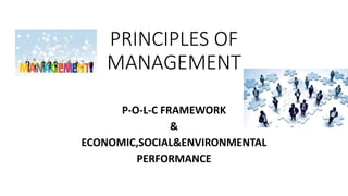 PRINCIPLES OF
MANAGEMENT
P-O-L-C FRAMEWORK
&
ECONOMIC,SOCIAL&ENVIRONMENTAL
PERFORMANCE
 