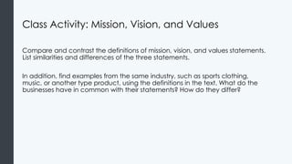 Class Activity: Mission, Vision, and Values
Compare and contrast the definitions of mission, vision, and values statements.
List similarities and differences of the three statements.
In addition, find examples from the same industry, such as sports clothing,
music, or another type product, using the definitions in the text. What do the
businesses have in common with their statements? How do they differ?
 