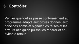 5. Contrôler 
Vérifier que tout se passe conformément au 
programme adapté aux ordres donnés, aux 
principes admis et signaler les fautes et les 
erreurs afin qu'on puisse les réparer et en 
éviter le retour 
 