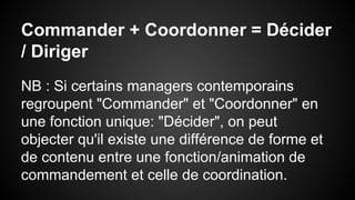 Commander + Coordonner = Décider 
/ Diriger 
NB : Si certains managers contemporains 
regroupent "Commander" et "Coordonner" en 
une fonction unique: "Décider", on peut 
objecter qu'il existe une différence de forme et 
de contenu entre une fonction/animation de 
commandement et celle de coordination. 
 