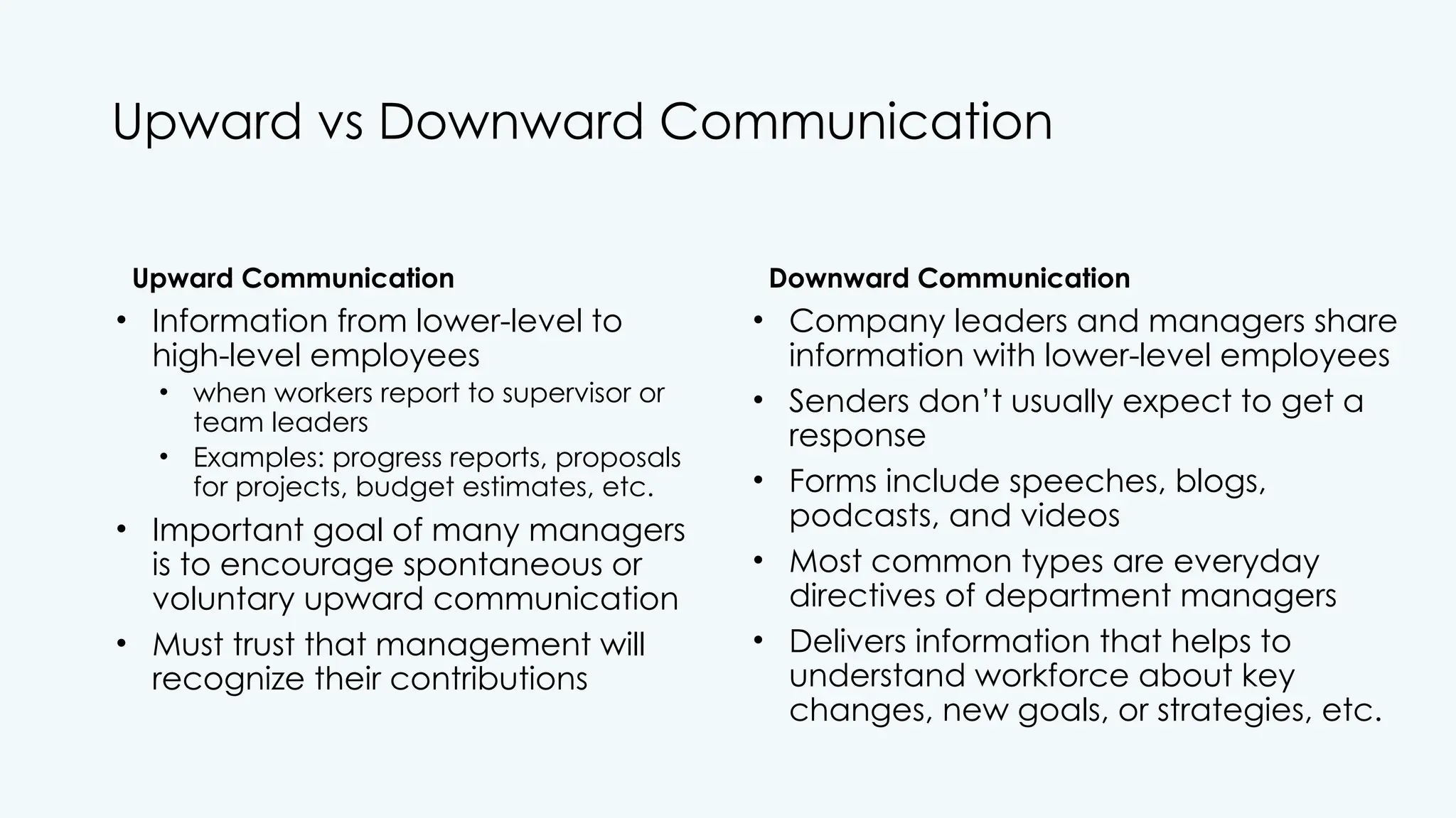 Upward vs Downward Communication
Upward Communication
• Information from lower-level to
high-level employees
• when workers report to supervisor or
team leaders
• Examples: progress reports, proposals
for projects, budget estimates, etc.
• Important goal of many managers
is to encourage spontaneous or
voluntary upward communication
• Must trust that management will
recognize their contributions
Downward Communication
• Company leaders and managers share
information with lower-level employees
• Senders don’t usually expect to get a
response
• Forms include speeches, blogs,
podcasts, and videos
• Most common types are everyday
directives of department managers
• Delivers information that helps to
understand workforce about key
changes, new goals, or strategies, etc.
 