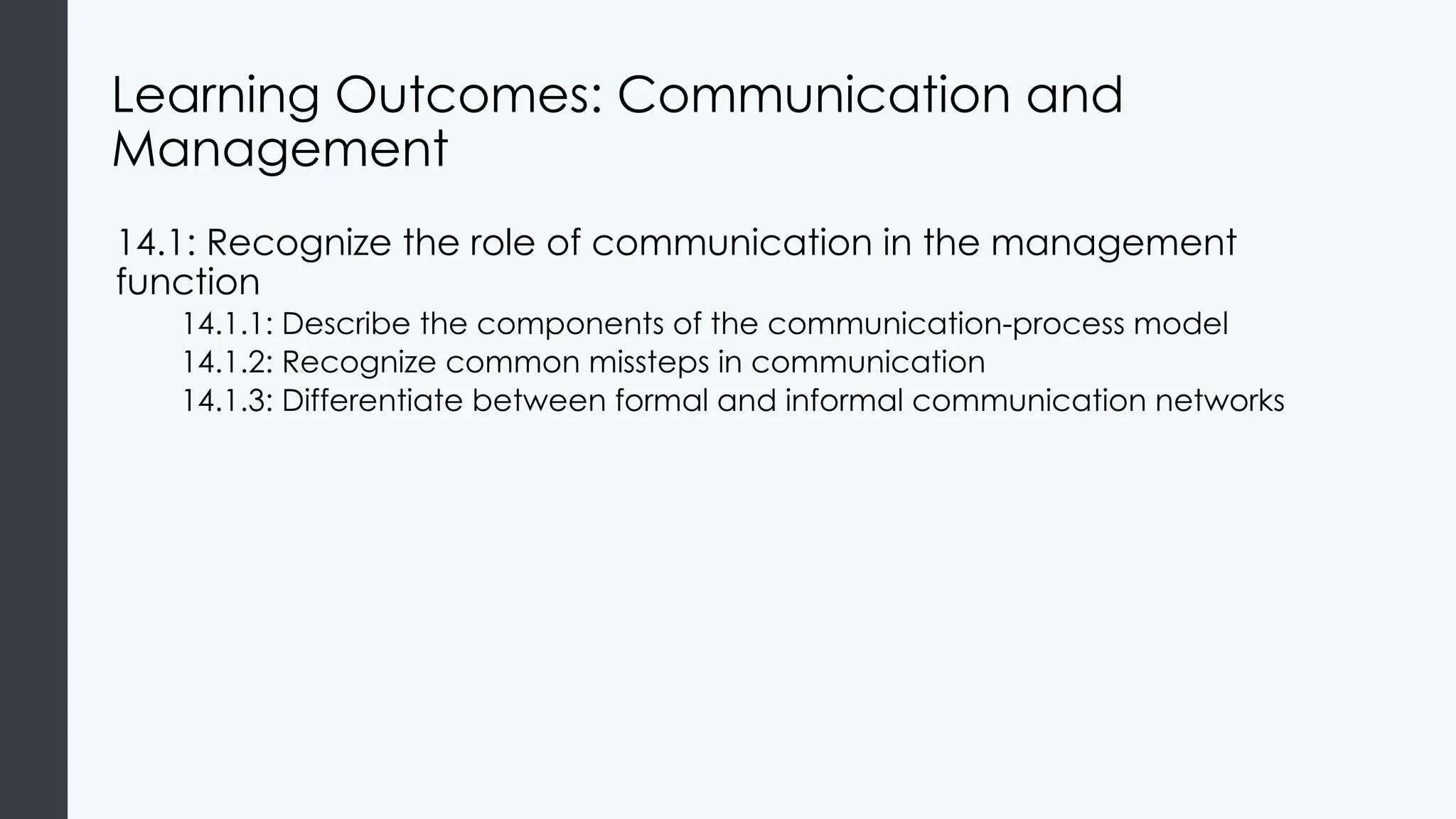 Learning Outcomes: Communication and
Management
14.1: Recognize the role of communication in the management
function
14.1.1: Describe the components of the communication-process model
14.1.2: Recognize common missteps in communication
14.1.3: Differentiate between formal and informal communication networks
 