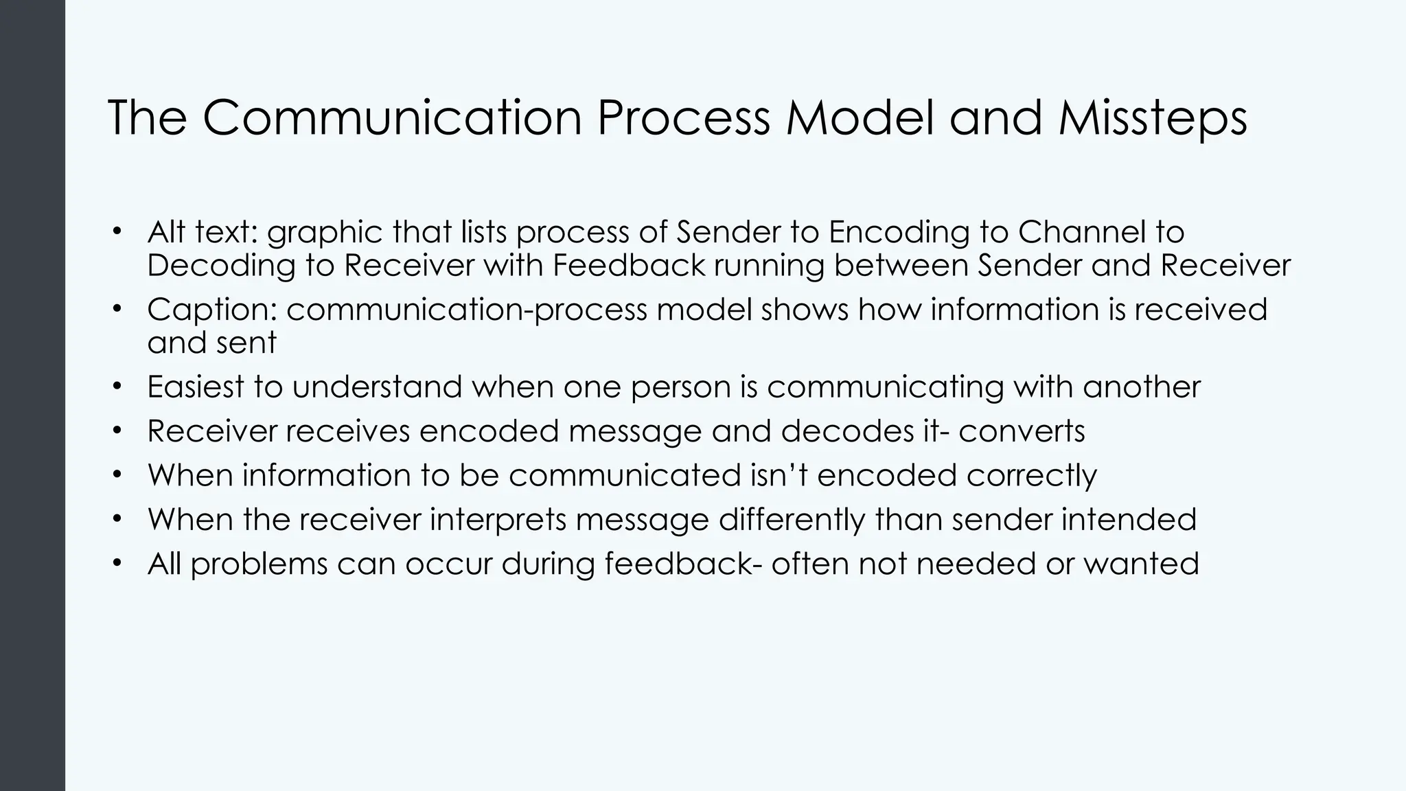 The Communication Process Model and Missteps
• Alt text: graphic that lists process of Sender to Encoding to Channel to
Decoding to Receiver with Feedback running between Sender and Receiver
• Caption: communication-process model shows how information is received
and sent
• Easiest to understand when one person is communicating with another
• Receiver receives encoded message and decodes it- converts
• When information to be communicated isn’t encoded correctly
• When the receiver interprets message differently than sender intended
• All problems can occur during feedback- often not needed or wanted
 