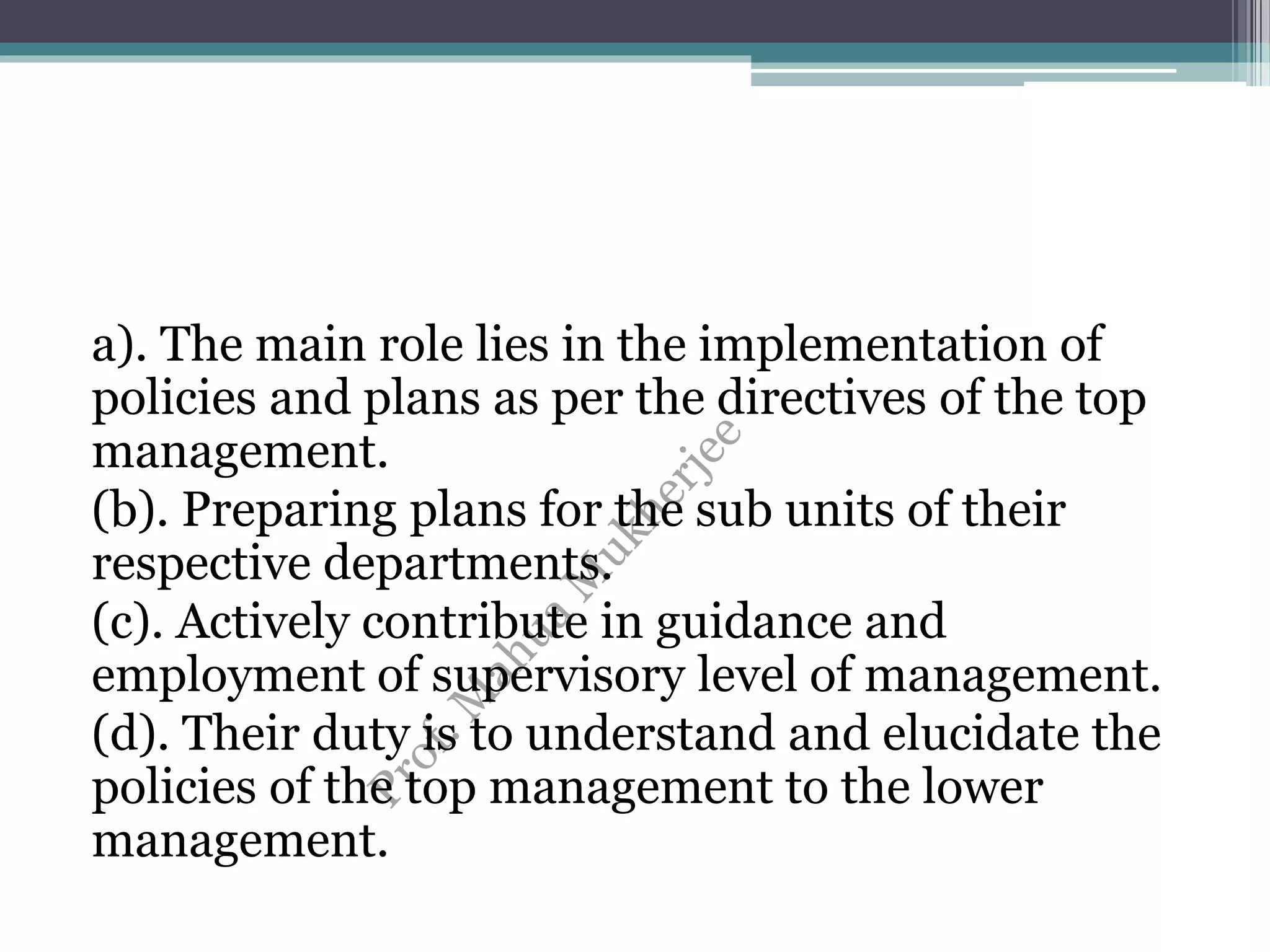 a). The main role lies in the implementation of
policies and plans as per the directives of the top
management.
(b). Preparing plans for the sub units of their
respective departments.
(c). Actively contribute in guidance and
employment of supervisory level of management.
(d). Their duty is to understand and elucidate the
policies of the top management to the lower
management.
 