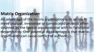 Matrix Organization 
An advantage of the matrix organization is its ability to 
meet unusual, innovative or complicated pr...