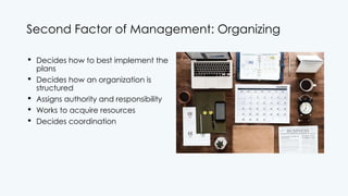 Second Factor of Management: Organizing
• Decides how to best implement the
plans
• Decides how an organization is
structured
• Assigns authority and responsibility
• Works to acquire resources
• Decides coordination
 