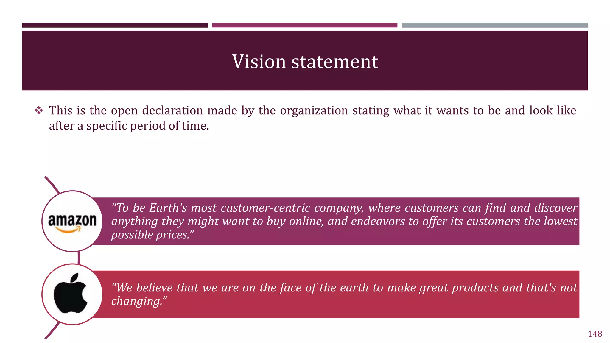 Vision statement
 This is the open declaration made by the organization stating what it wants to be and look like
after a specific period of time.
148
“To be Earth's most customer-centric company, where customers can find and discover
anything they might want to buy online, and endeavors to offer its customers the lowest
possible prices.”
“We believe that we are on the face of the earth to make great products and that's not
changing.”
 