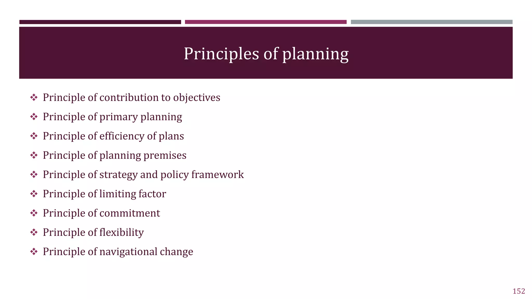 Principles of planning
 Principle of contribution to objectives
 Principle of primary planning
 Principle of efficiency of plans
 Principle of planning premises
 Principle of strategy and policy framework
 Principle of limiting factor
 Principle of commitment
 Principle of flexibility
 Principle of navigational change
152
 