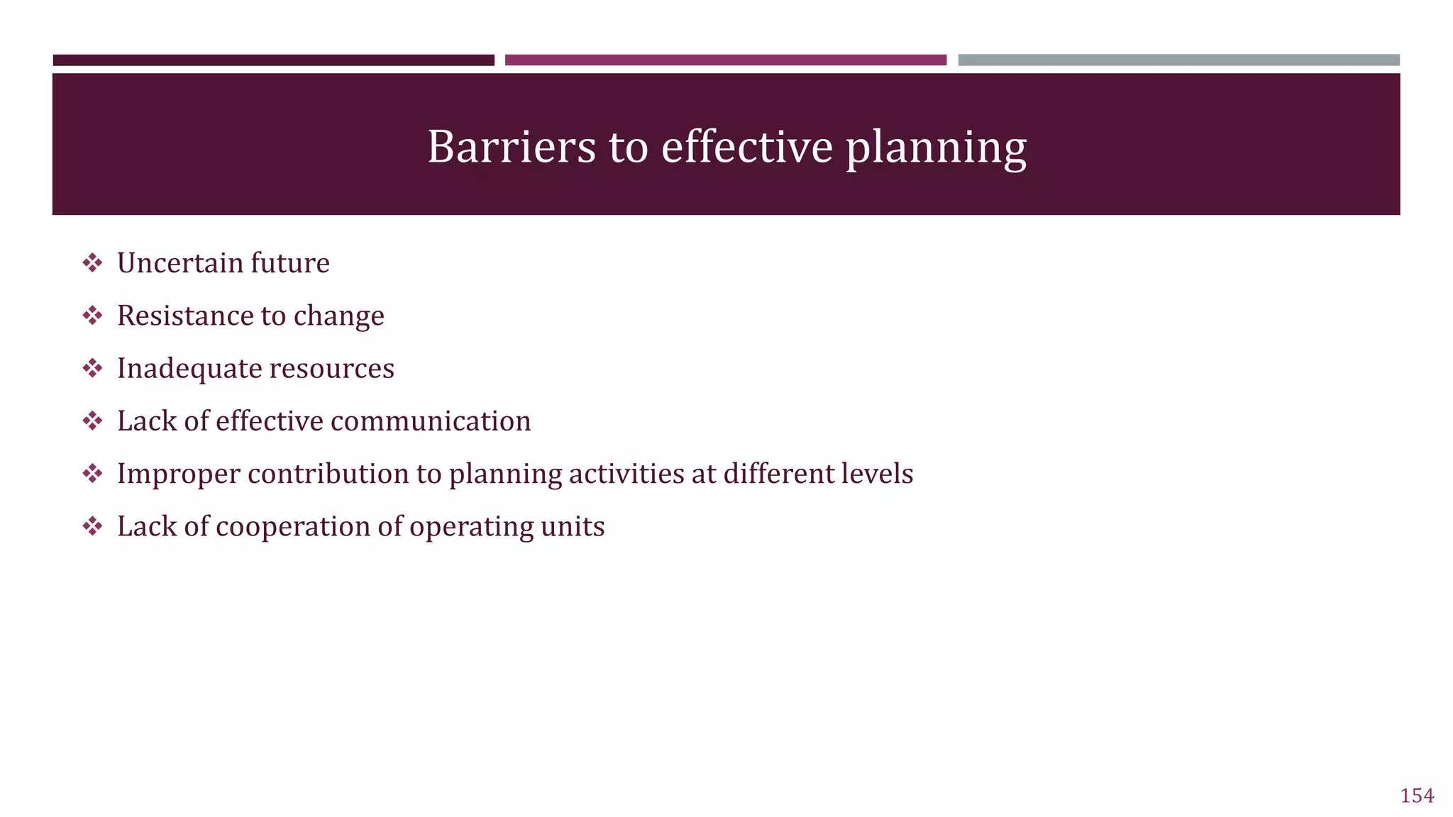 Barriers to effective planning
 Uncertain future
 Resistance to change
 Inadequate resources
 Lack of effective communication
 Improper contribution to planning activities at different levels
 Lack of cooperation of operating units
154
 