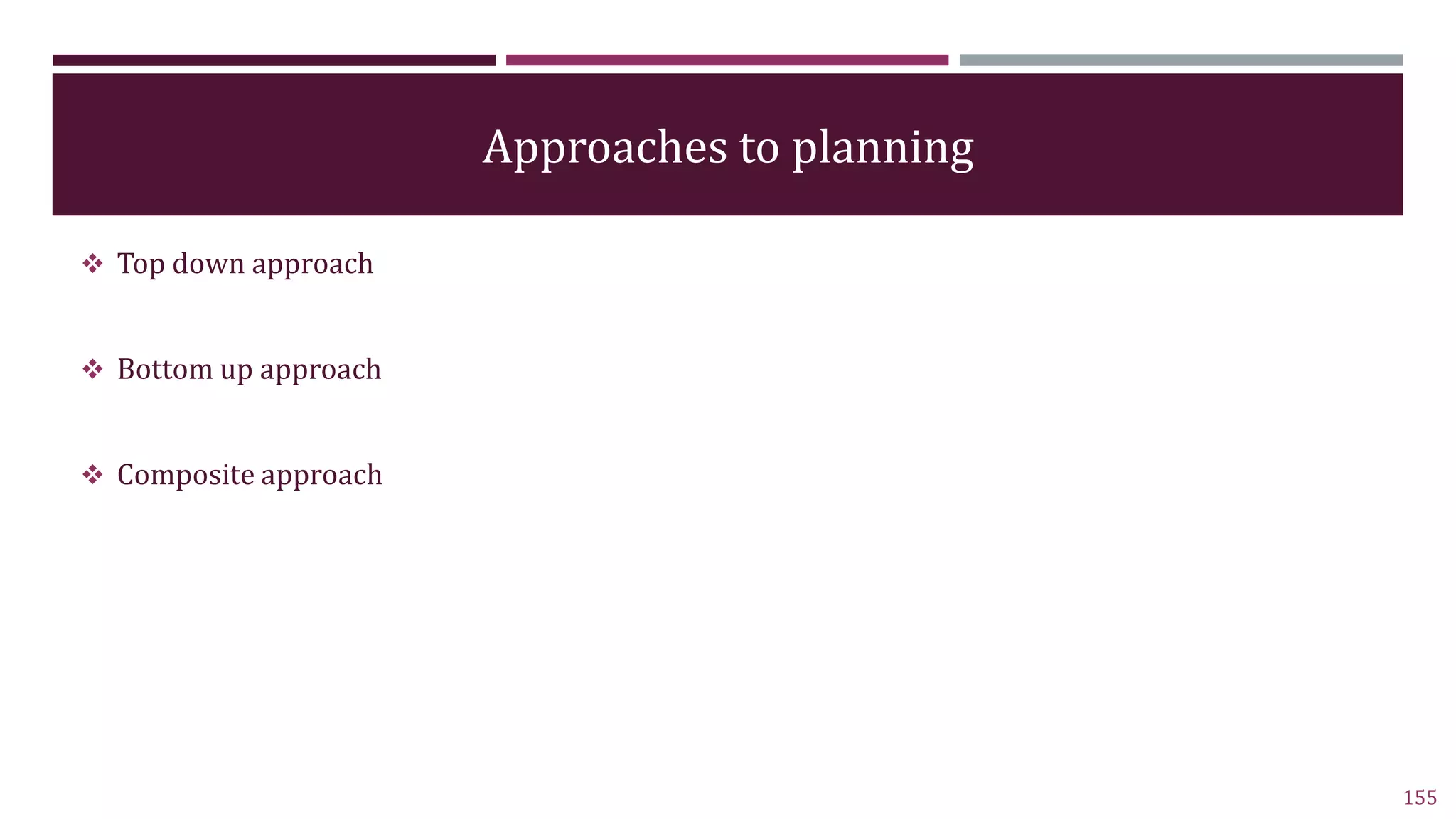 Approaches to planning
 Top down approach
 Bottom up approach
 Composite approach
155
 