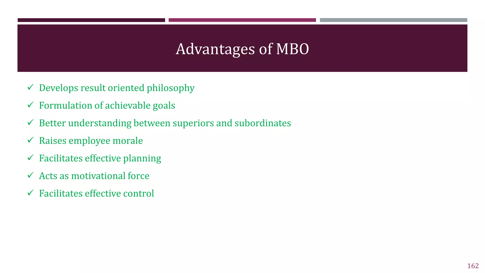 Advantages of MBO
 Develops result oriented philosophy
 Formulation of achievable goals
 Better understanding between superiors and subordinates
 Raises employee morale
 Facilitates effective planning
 Acts as motivational force
 Facilitates effective control
162
 