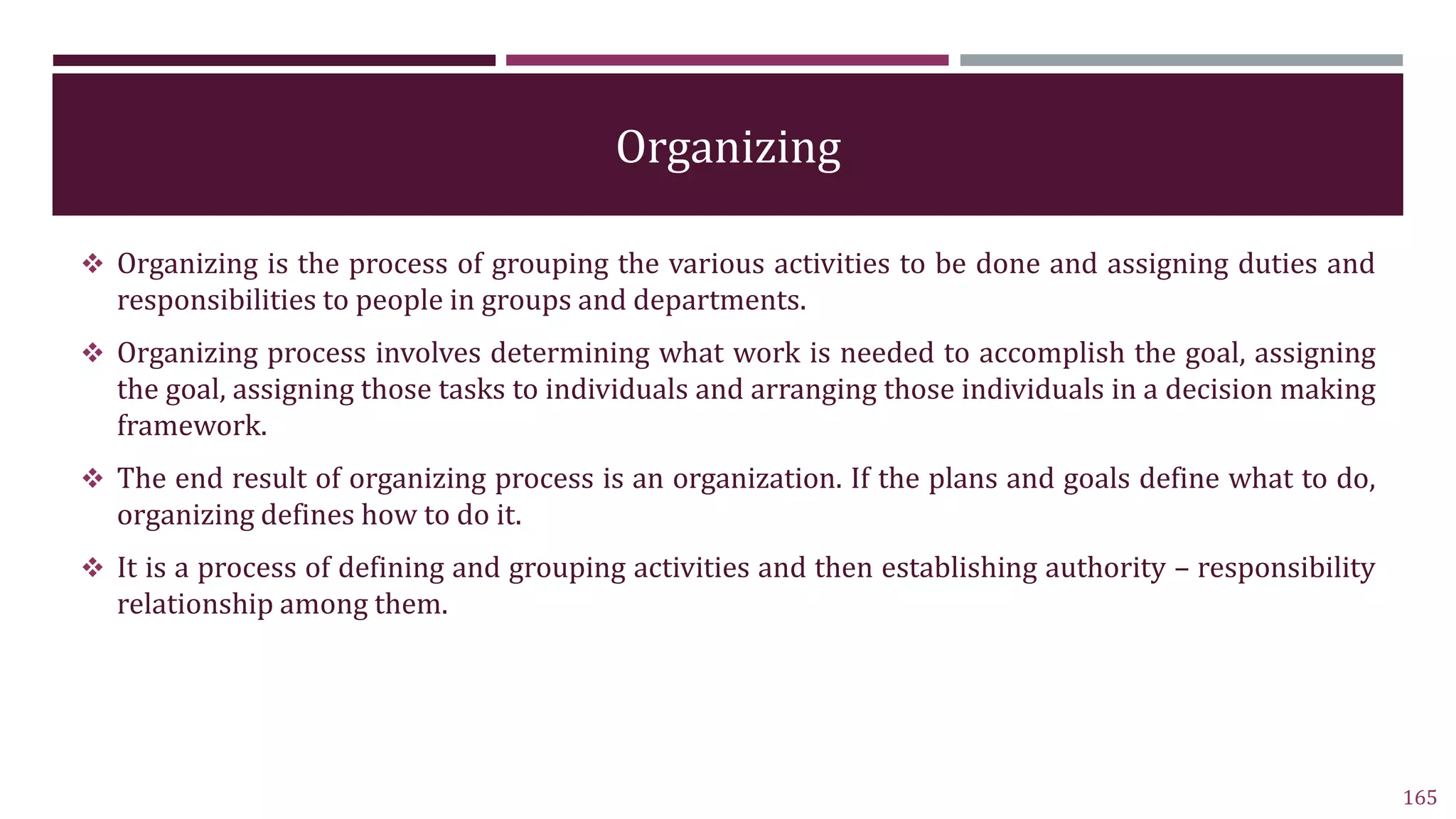 Organizing
 Organizing is the process of grouping the various activities to be done and assigning duties and
responsibilities to people in groups and departments.
 Organizing process involves determining what work is needed to accomplish the goal, assigning
the goal, assigning those tasks to individuals and arranging those individuals in a decision making
framework.
 The end result of organizing process is an organization. If the plans and goals define what to do,
organizing defines how to do it.
 It is a process of defining and grouping activities and then establishing authority – responsibility
relationship among them.
165
 