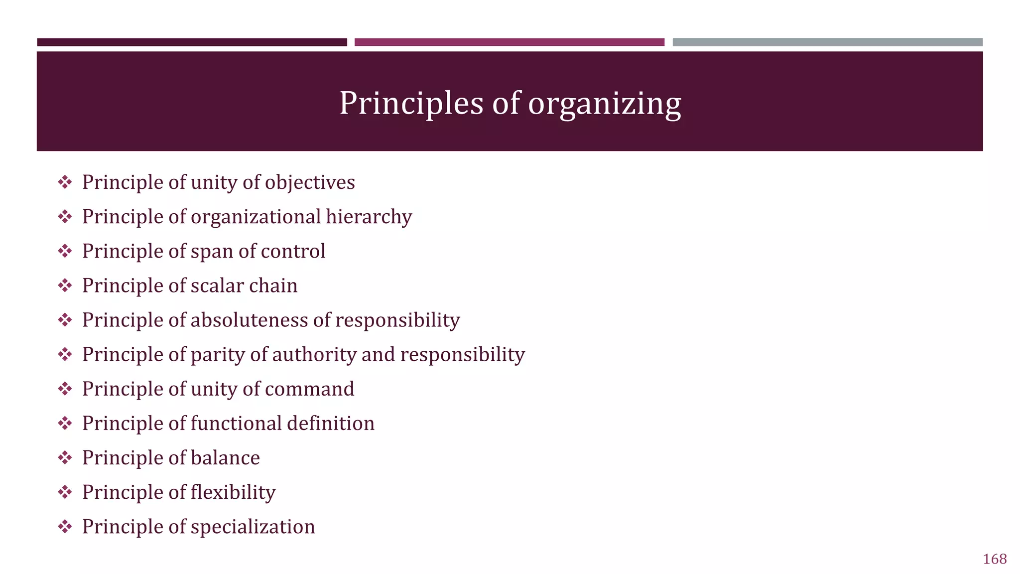 Principles of organizing
 Principle of unity of objectives
 Principle of organizational hierarchy
 Principle of span of control
 Principle of scalar chain
 Principle of absoluteness of responsibility
 Principle of parity of authority and responsibility
 Principle of unity of command
 Principle of functional definition
 Principle of balance
 Principle of flexibility
 Principle of specialization
168
 