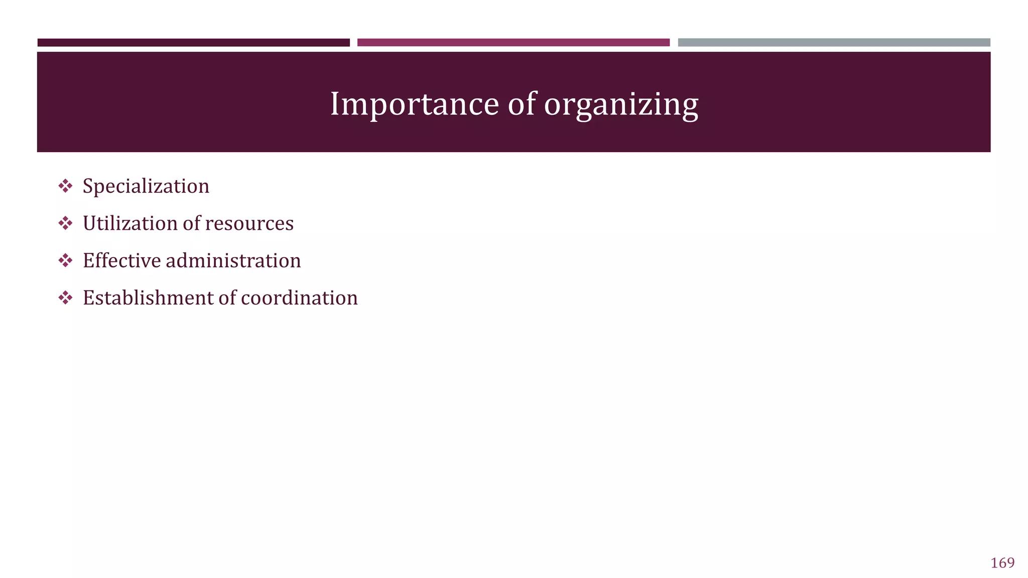 Importance of organizing
 Specialization
 Utilization of resources
 Effective administration
 Establishment of coordination
169
 