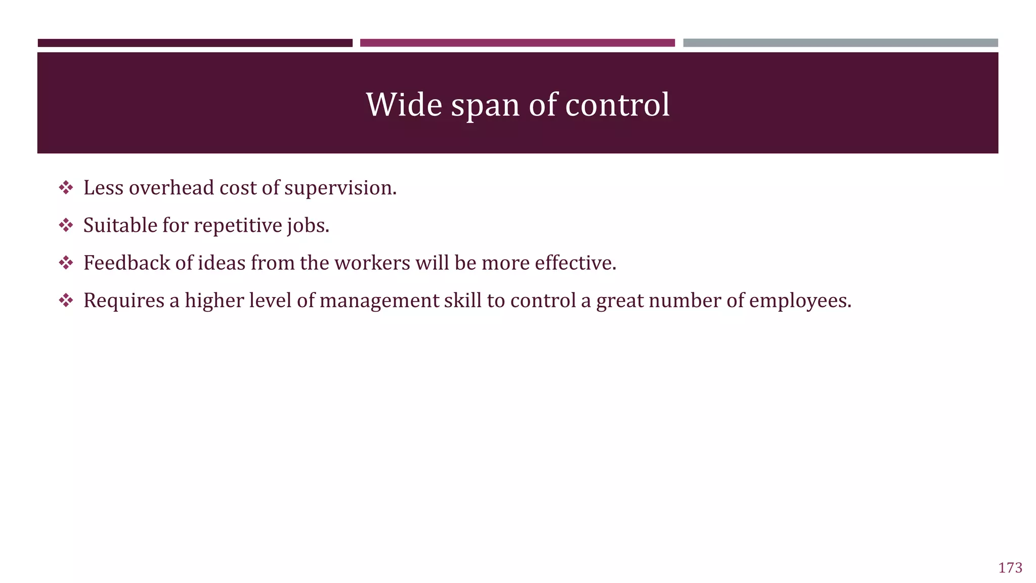 Wide span of control
 Less overhead cost of supervision.
 Suitable for repetitive jobs.
 Feedback of ideas from the workers will be more effective.
 Requires a higher level of management skill to control a great number of employees.
173
 