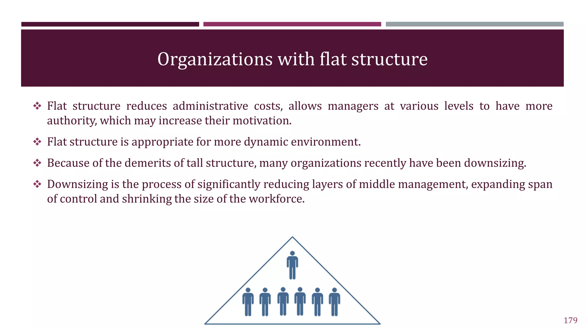 Organizations with flat structure
 Flat structure reduces administrative costs, allows managers at various levels to have more
authority, which may increase their motivation.
 Flat structure is appropriate for more dynamic environment.
 Because of the demerits of tall structure, many organizations recently have been downsizing.
 Downsizing is the process of significantly reducing layers of middle management, expanding span
of control and shrinking the size of the workforce.
179
 