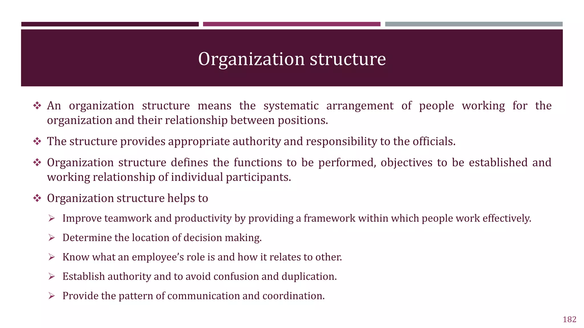 Organization structure
 An organization structure means the systematic arrangement of people working for the
organization and their relationship between positions.
 The structure provides appropriate authority and responsibility to the officials.
 Organization structure defines the functions to be performed, objectives to be established and
working relationship of individual participants.
 Organization structure helps to
 Improve teamwork and productivity by providing a framework within which people work effectively.
 Determine the location of decision making.
 Know what an employee’s role is and how it relates to other.
 Establish authority and to avoid confusion and duplication.
 Provide the pattern of communication and coordination.
182
 