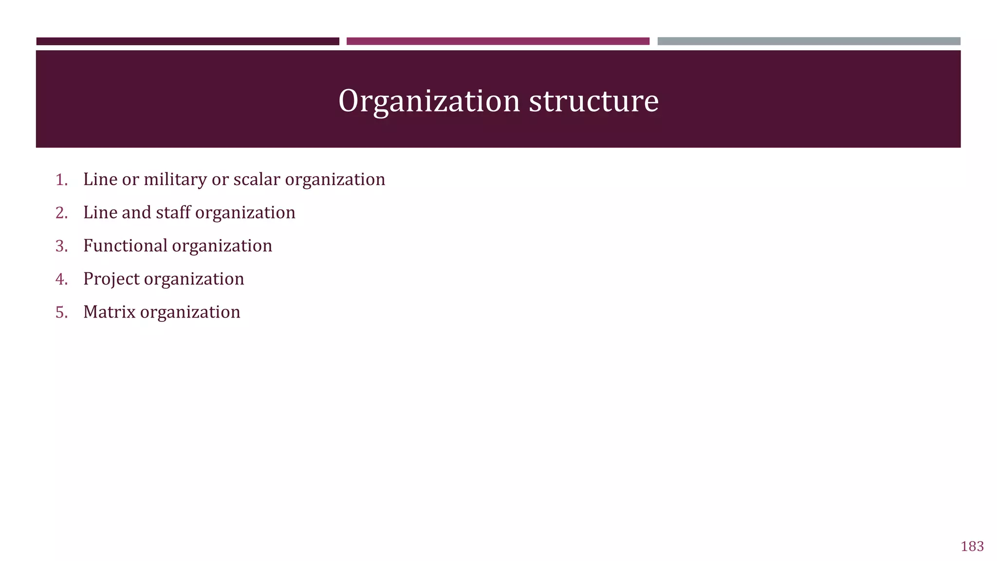 Organization structure
1. Line or military or scalar organization
2. Line and staff organization
3. Functional organization
4. Project organization
5. Matrix organization
183
 