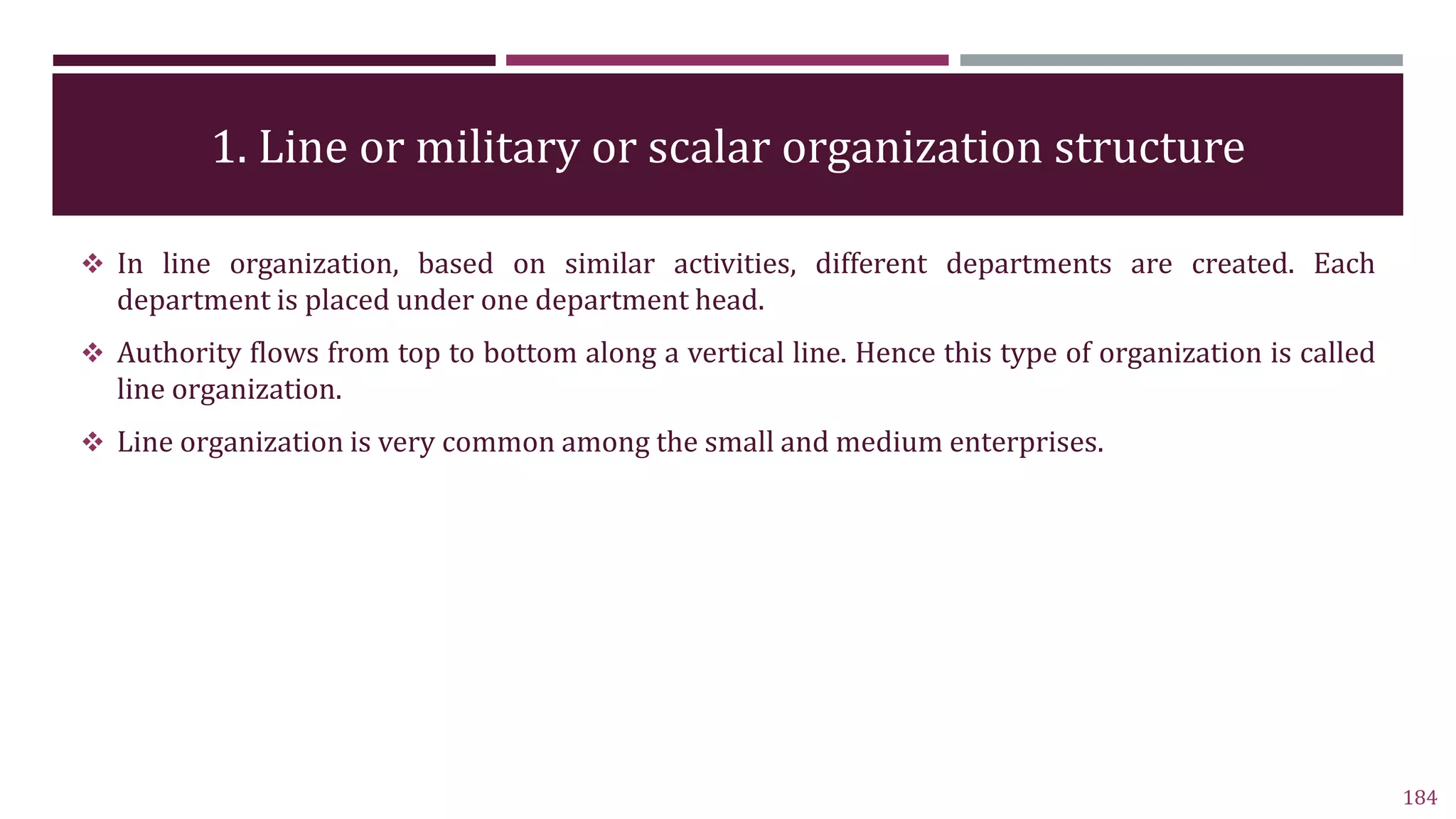 1. Line or military or scalar organization structure
184
 In line organization, based on similar activities, different departments are created. Each
department is placed under one department head.
 Authority flows from top to bottom along a vertical line. Hence this type of organization is called
line organization.
 Line organization is very common among the small and medium enterprises.
 