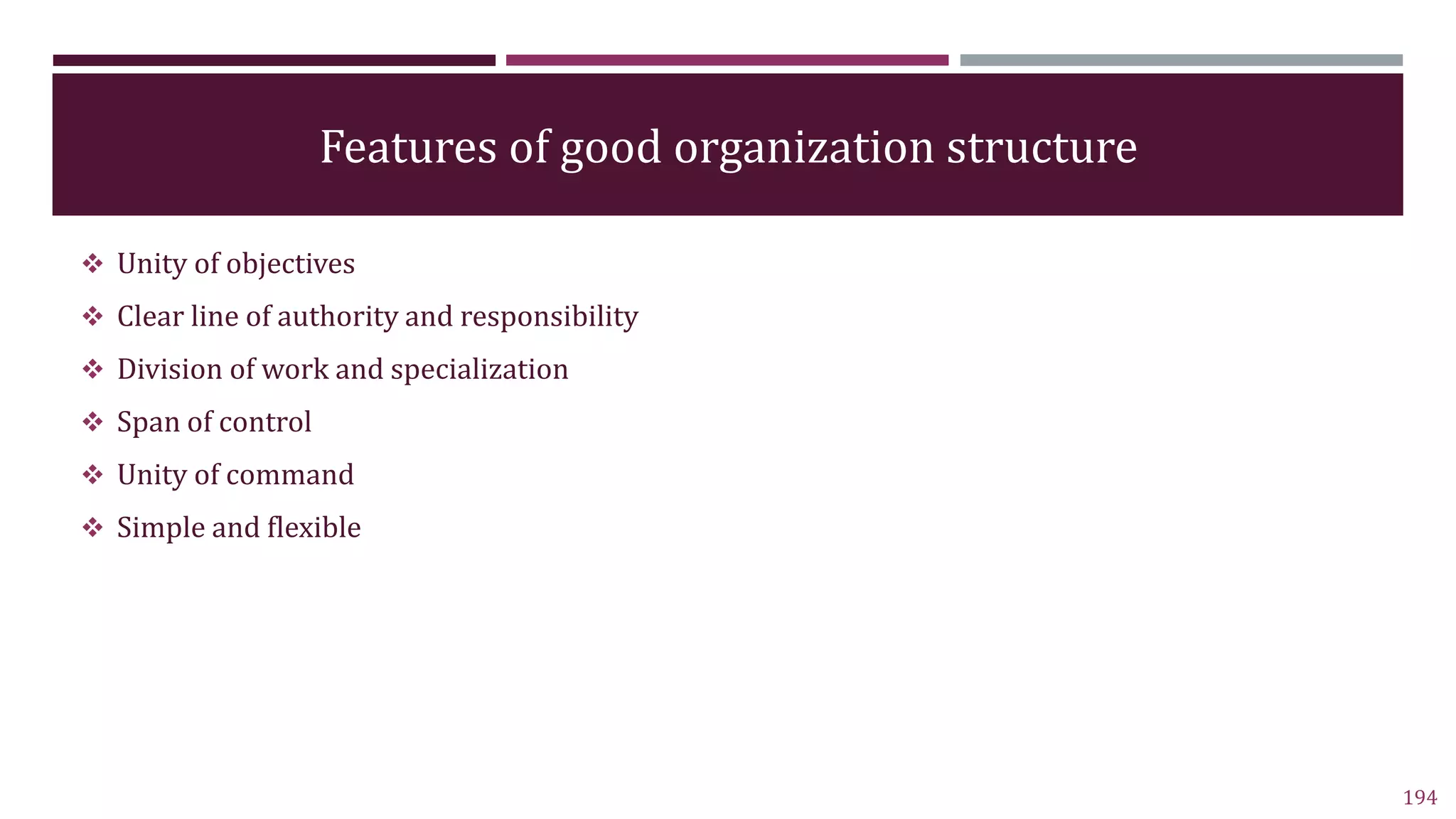 Features of good organization structure
 Unity of objectives
 Clear line of authority and responsibility
 Division of work and specialization
 Span of control
 Unity of command
 Simple and flexible
194
 