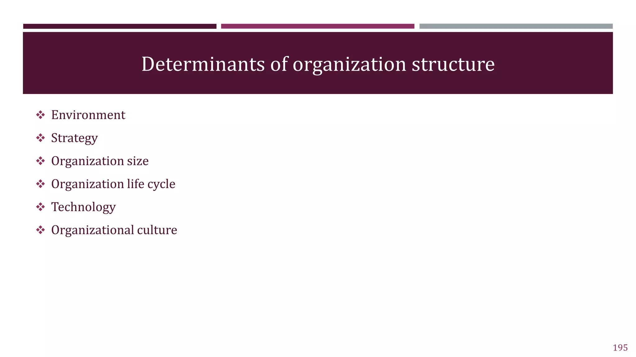 Determinants of organization structure
 Environment
 Strategy
 Organization size
 Organization life cycle
 Technology
 Organizational culture
195
 