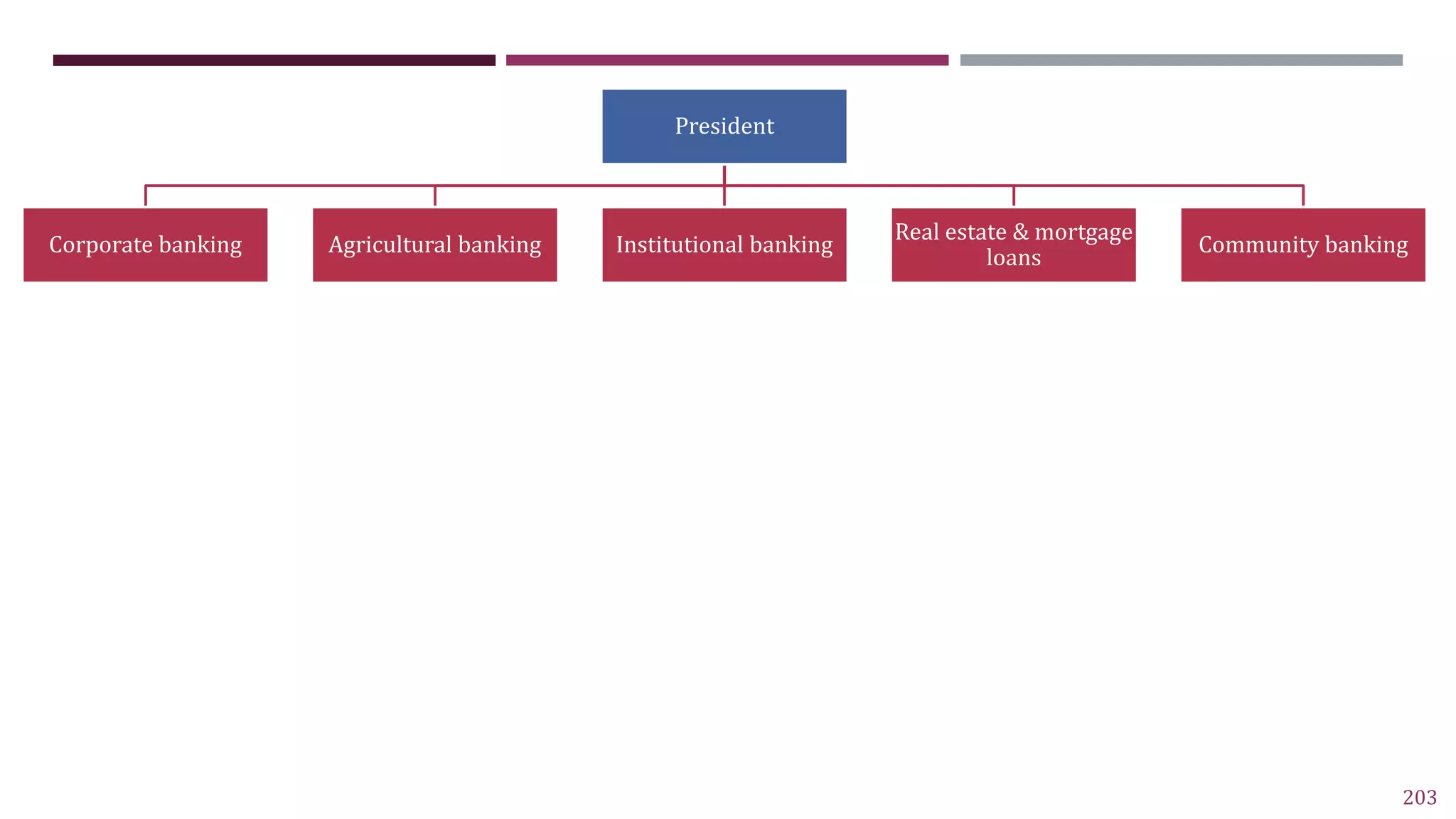 203
3. DEPARTMENTALIZATION BASED ON CUSTOMER GROUP
President
Corporate banking Agricultural banking Institutional banking
Real estate & mortgage
loans
Community banking
 