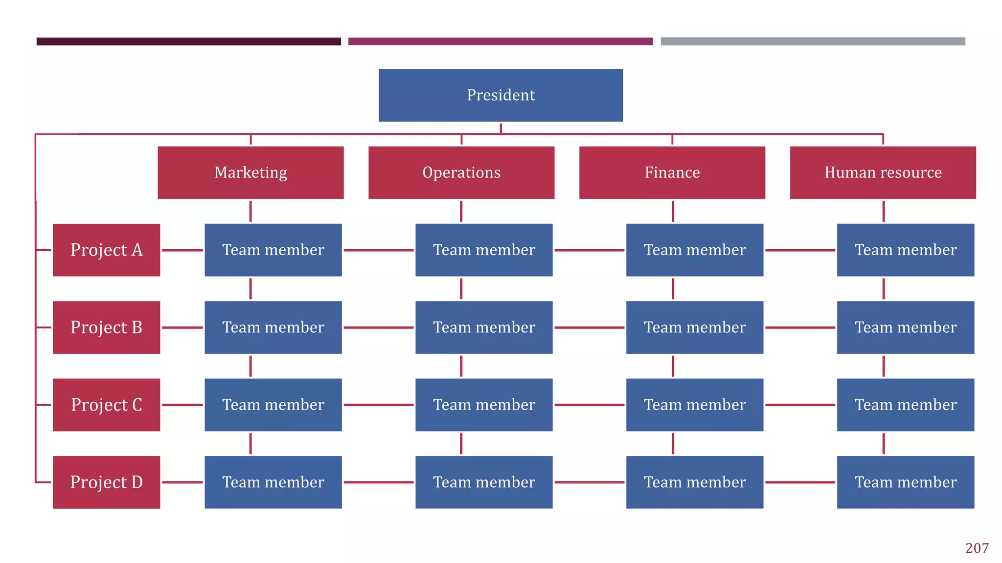 207
1. DEPARTMENTALIZATION BASED ON ENTERPRISE FUNCTION
President
Project A
Project B
Project C
Project D
Marketing
Team member
Team member
Team member
Team member
Operations
Team member
Team member
Team member
Team member
Finance
Team member
Team member
Team member
Team member
Human resource
Team member
Team member
Team member
Team member
 