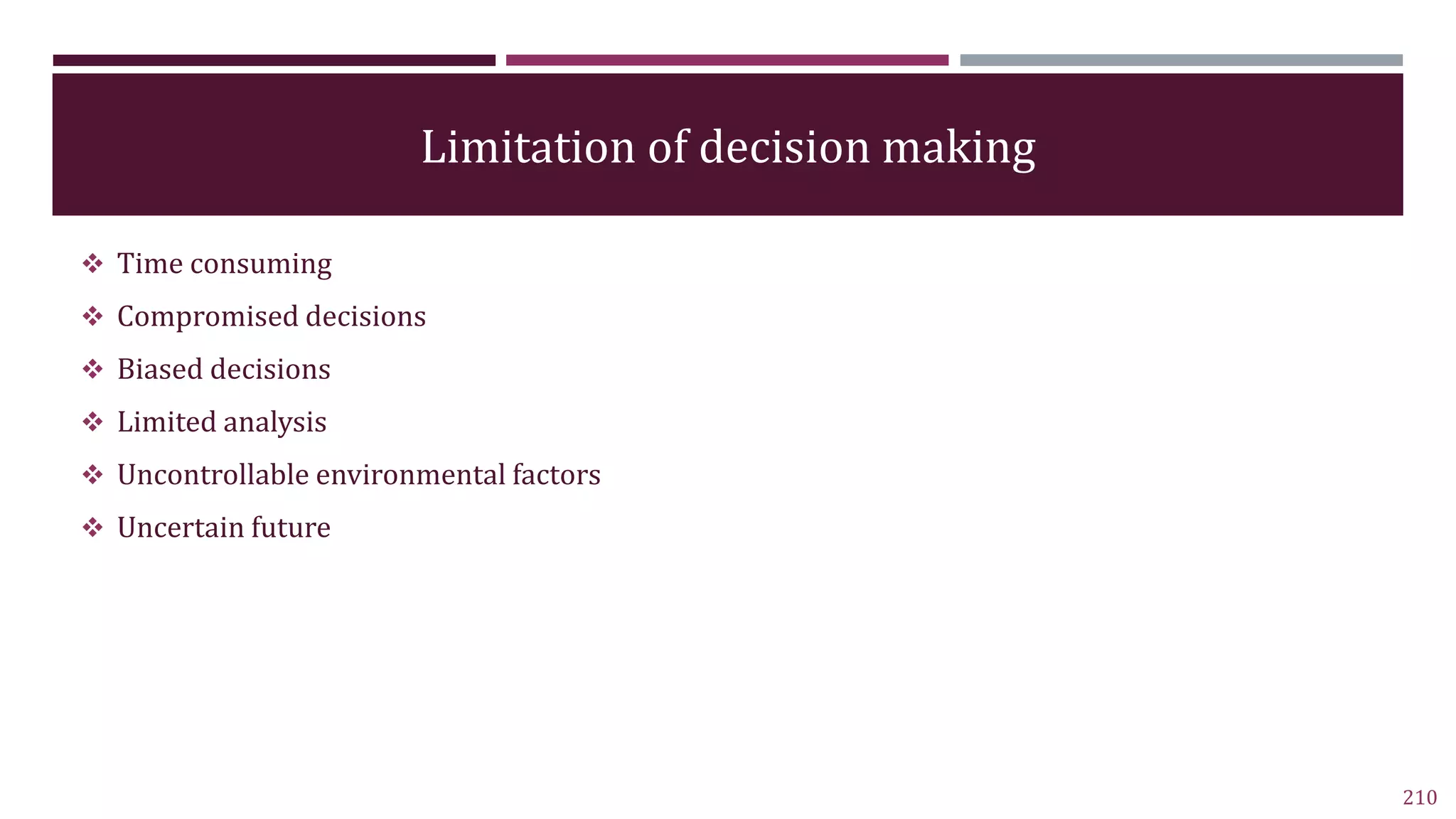Limitation of decision making
 Time consuming
 Compromised decisions
 Biased decisions
 Limited analysis
 Uncontrollable environmental factors
 Uncertain future
210
 