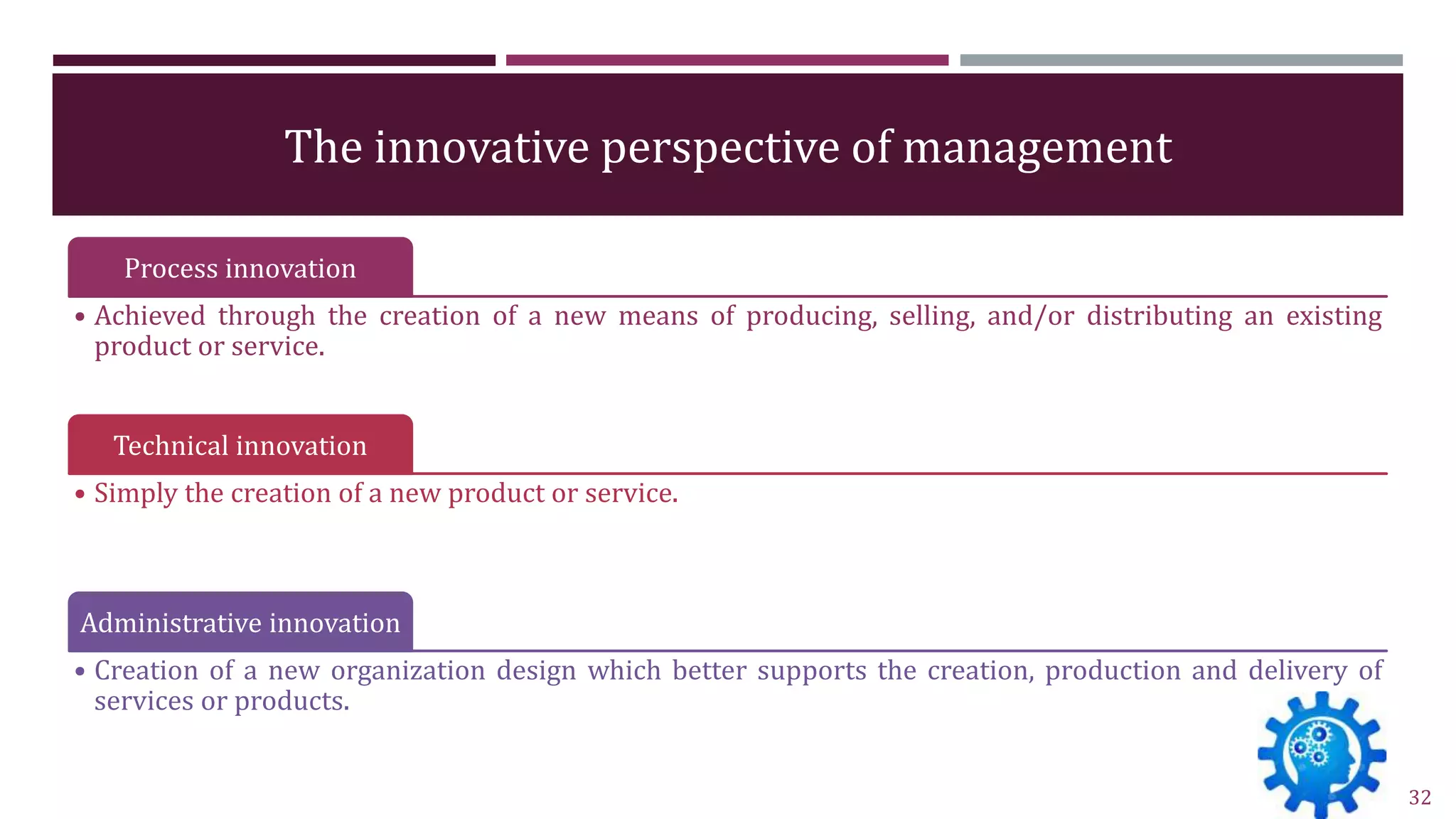 The innovative perspective of management
Process innovation
• Achieved through the creation of a new means of producing, selling, and/or distributing an existing
product or service.
Technical innovation
• Simply the creation of a new product or service.
Administrative innovation
• Creation of a new organization design which better supports the creation, production and delivery of
services or products.
32
 