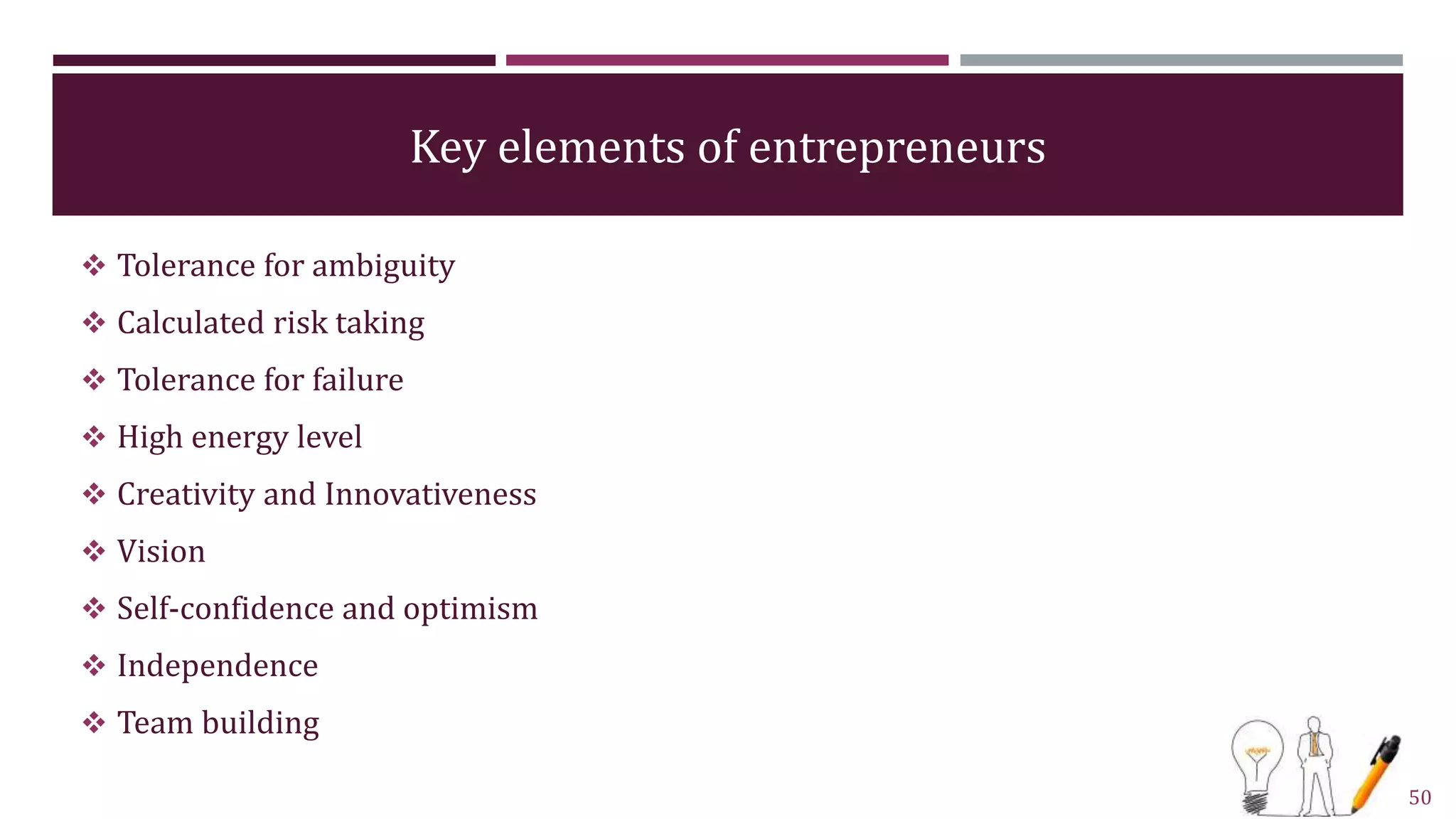 Key elements of entrepreneurs
 Tolerance for ambiguity
 Calculated risk taking
 Tolerance for failure
 High energy level
 Creativity and Innovativeness
 Vision
 Self-confidence and optimism
 Independence
 Team building
50
 