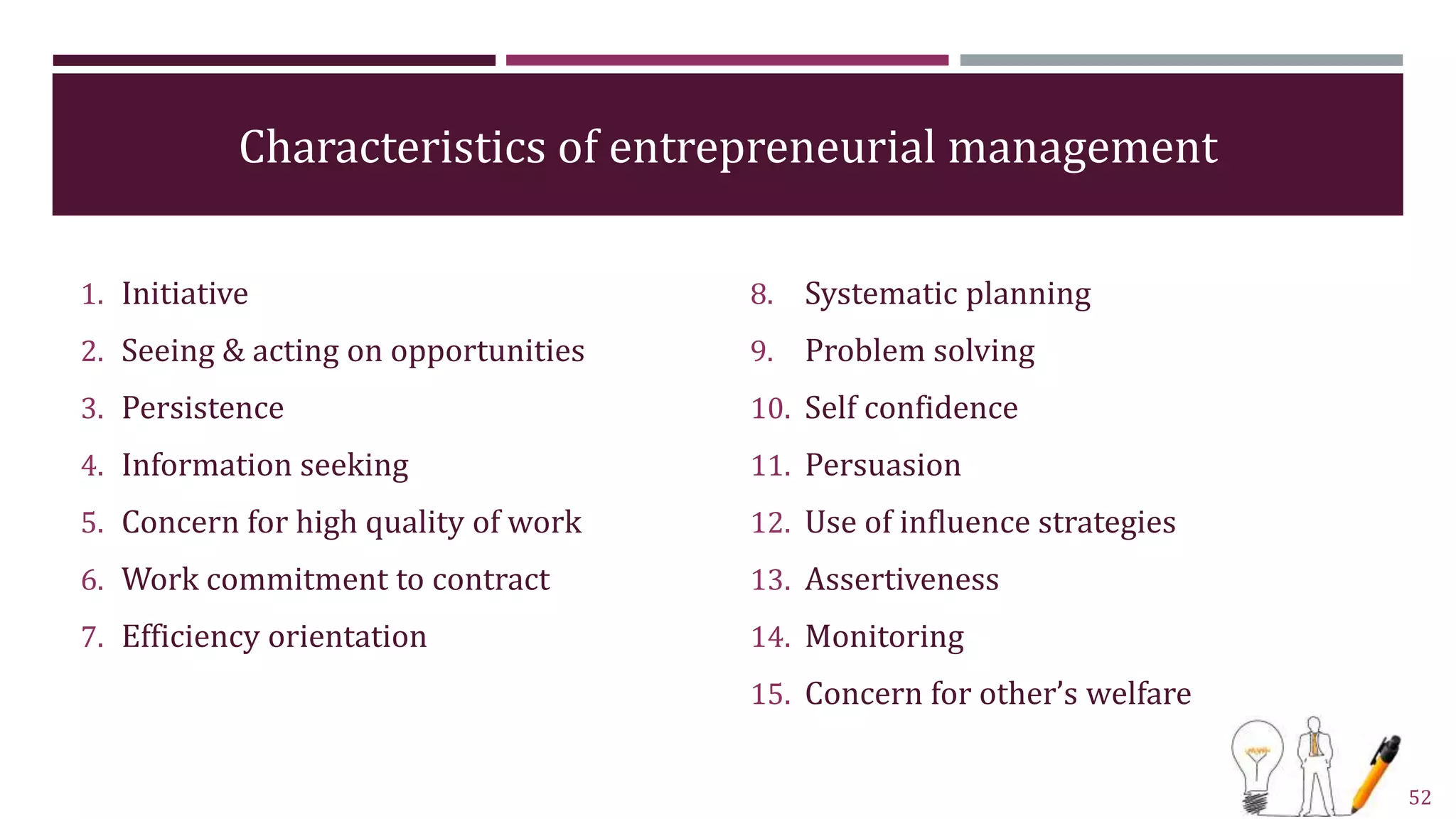 52
1. Initiative
2. Seeing & acting on opportunities
3. Persistence
4. Information seeking
5. Concern for high quality of work
6. Work commitment to contract
7. Efficiency orientation
8. Systematic planning
9. Problem solving
10. Self confidence
11. Persuasion
12. Use of influence strategies
13. Assertiveness
14. Monitoring
15. Concern for other’s welfare
Characteristics of entrepreneurial management
 