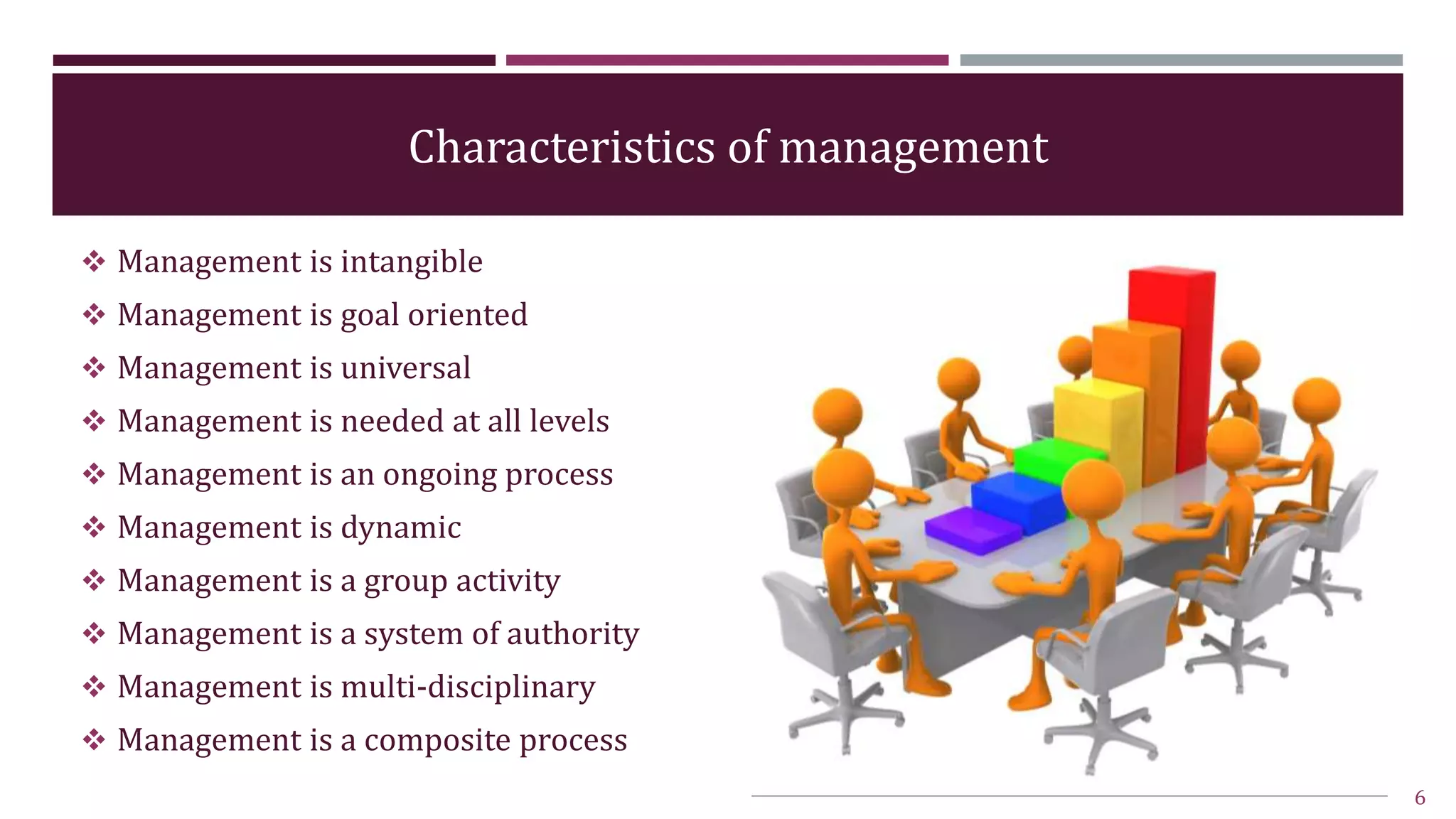 Characteristics of management
 Management is intangible
 Management is goal oriented
 Management is universal
 Management is needed at all levels
 Management is an ongoing process
 Management is dynamic
 Management is a group activity
 Management is a system of authority
 Management is multi-disciplinary
 Management is a composite process
6
 