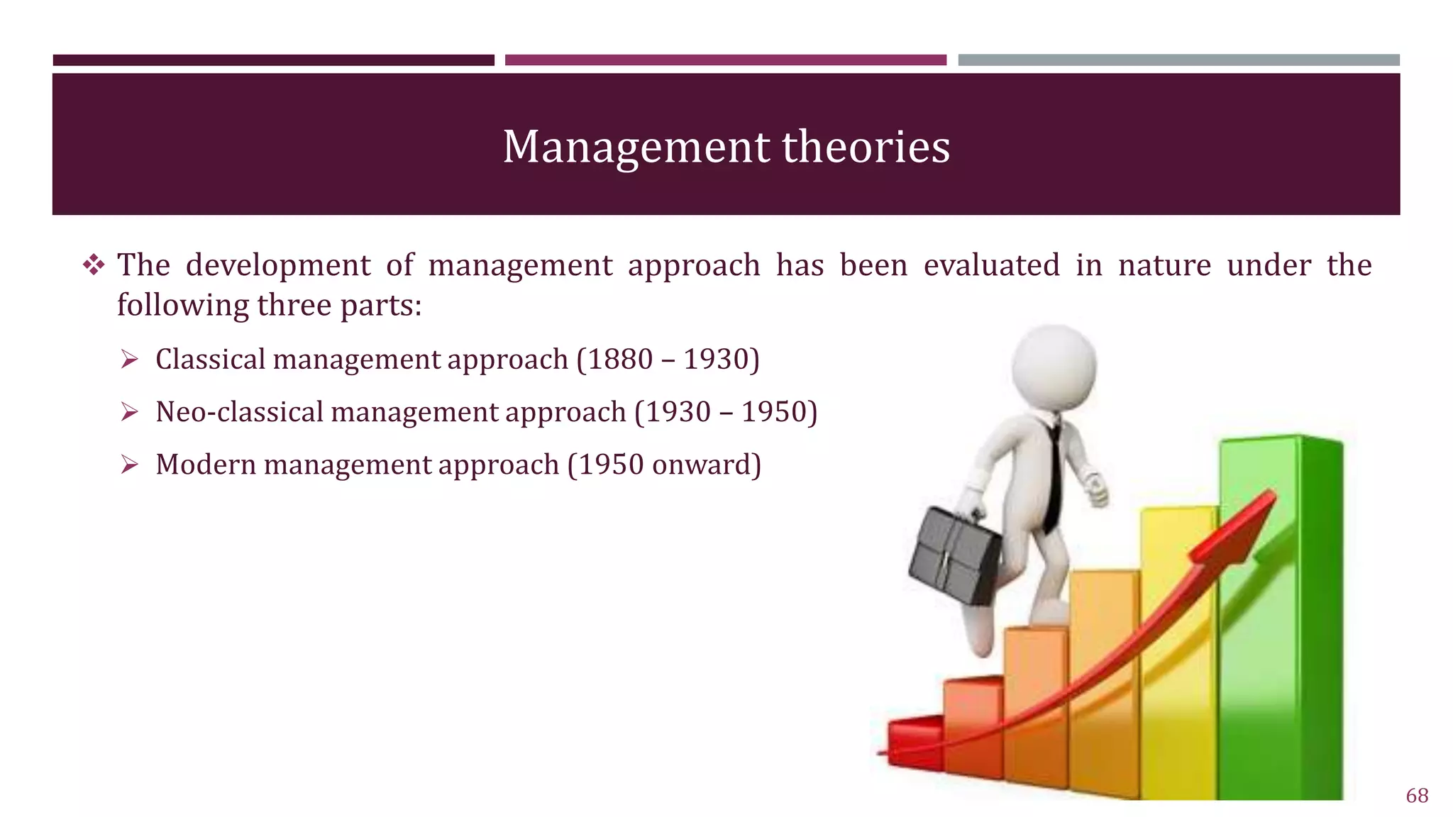 Management theories
 The development of management approach has been evaluated in nature under the
following three parts:
 Classical management approach (1880 – 1930)
 Neo-classical management approach (1930 – 1950)
 Modern management approach (1950 onward)
68
 