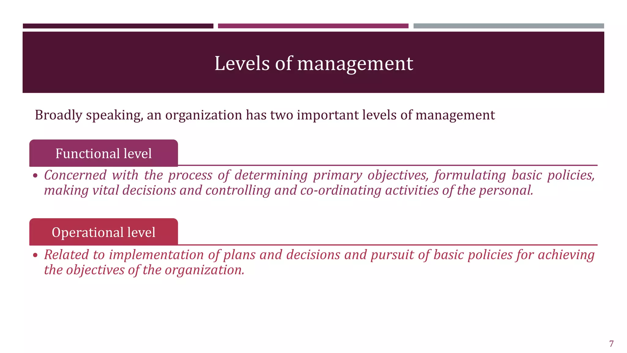 Levels of management
Functional level
• Concerned with the process of determining primary objectives, formulating basic policies,
making vital decisions and controlling and co-ordinating activities of the personal.
Operational level
• Related to implementation of plans and decisions and pursuit of basic policies for achieving
the objectives of the organization.
7
Broadly speaking, an organization has two important levels of management
 