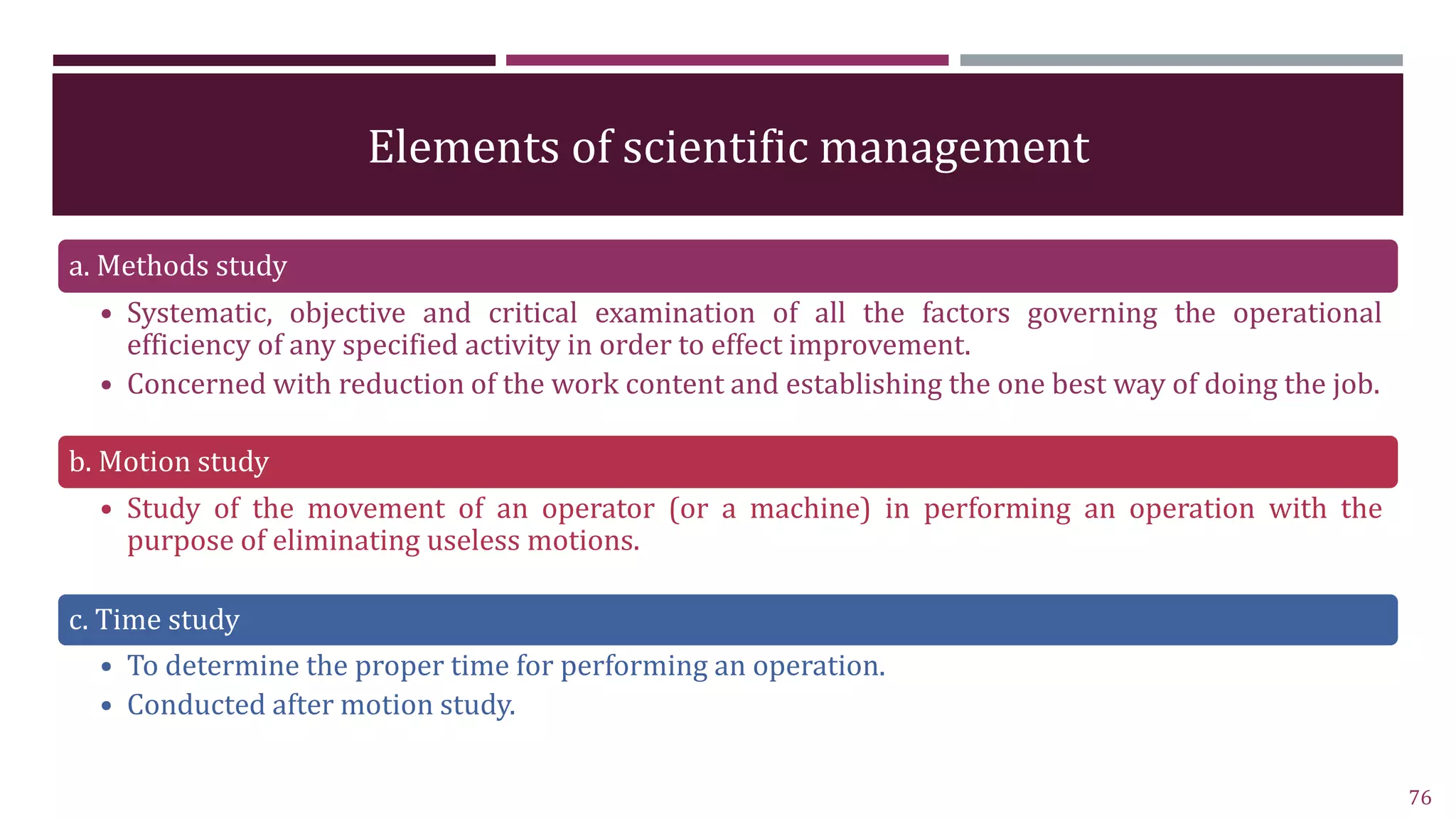 Elements of scientific management
a. Methods study
• Systematic, objective and critical examination of all the factors governing the operational
efficiency of any specified activity in order to effect improvement.
• Concerned with reduction of the work content and establishing the one best way of doing the job.
b. Motion study
• Study of the movement of an operator (or a machine) in performing an operation with the
purpose of eliminating useless motions.
c. Time study
• To determine the proper time for performing an operation.
• Conducted after motion study.
76
 