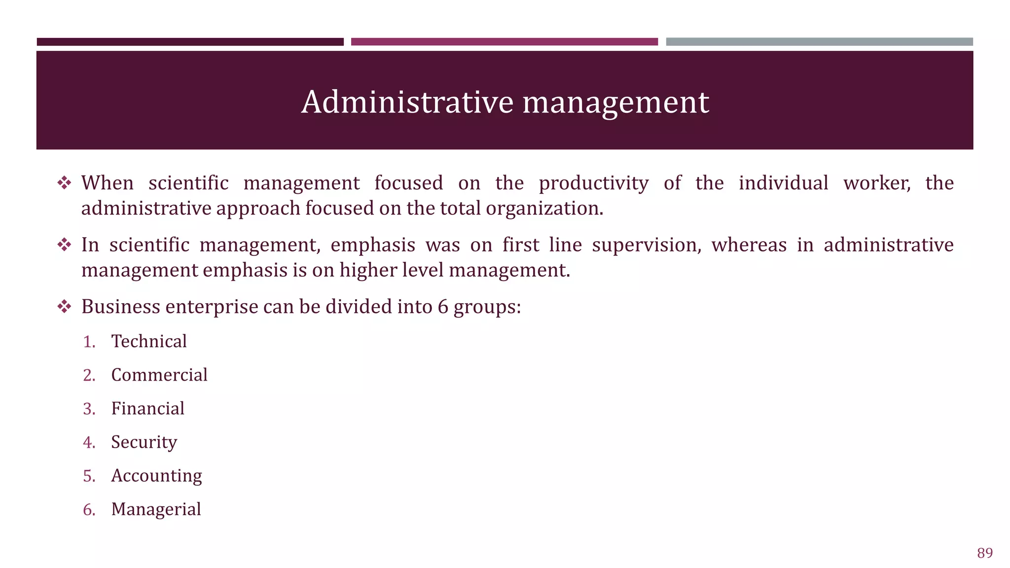 Administrative management
 When scientific management focused on the productivity of the individual worker, the
administrative approach focused on the total organization.
 In scientific management, emphasis was on first line supervision, whereas in administrative
management emphasis is on higher level management.
 Business enterprise can be divided into 6 groups:
1. Technical
2. Commercial
3. Financial
4. Security
5. Accounting
6. Managerial
89
 