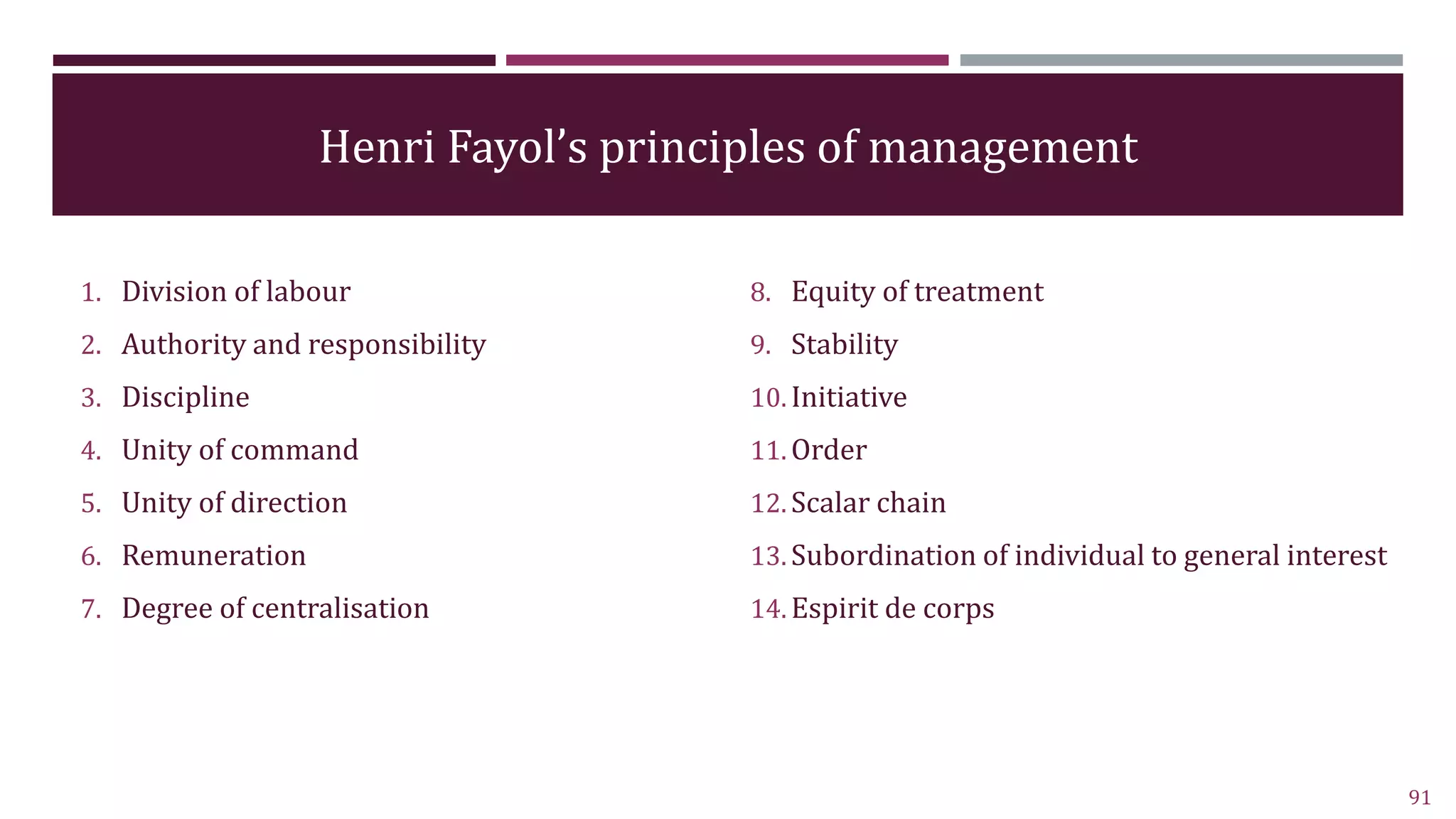 91
1. Division of labour
2. Authority and responsibility
3. Discipline
4. Unity of command
5. Unity of direction
6. Remuneration
7. Degree of centralisation
8. Equity of treatment
9. Stability
10. Initiative
11. Order
12. Scalar chain
13. Subordination of individual to general interest
14. Espirit de corps
Henri Fayol’s principles of management
 