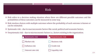Risk
 Risk refers to a decision making situation where there are different possible outcomes and the
probabilities of the...