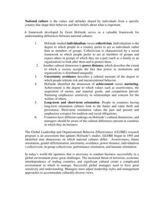 National culture is the values and attitudes shared by individuals from a specific
country that shape their behavior and their beliefs about what is important.
A framework developed by Geert Hofstede serves as a valuable framework for
understanding differences between national cultures.
1. Hofstede studied individualism versus collectivism. Individualism is the
degree to which people in a country prefer to act as individuals rather
than as members of groups. Collectivism is characterized by a social
framework in which people prefer to act as members of groups and
expect others in groups of which they are a part (such as a family or an
organization) to look after them and to protect them.
2. Another cultural dimension is power distance, which describes the extent
to which a society accepts the fact that power in institutions and
organizations is distributed unequally.
3. Uncertainty avoidance describes a cultural measure of the degree to
which people tolerate risk and unconventional behavior.
4. Hofstede identified the dimension of achievement versus nurturing.
Achievement is the degree to which values such as assertiveness, the
acquisition of money and material goods, and competition prevail.
Nurturing emphasizes sensitivity in relationships and concern for the
welfare of others.
5. Long-term and short-term orientation. People in countries having
long-term orientation cultures look to the future and value thrift and
persistence. Short-term orientation values the past and present and
emphasizes a respect for tradition and social obligations.
6. Countries have different rankings on Hofstede’s cultural dimensions, and
managers should be aware of the cultural differences present in countries
in which they do business
The Global Leadership and Organizational Behavior Effectiveness (GLOBE) research
program is an assessment that updates Hofstede’s studies. GLOBE began in 1993 and
identified nine dimensions on which national cultures differ: Assertiveness, future
orientation, gender differentiation, uncertainty avoidance, power distance, individualism
/ collectivism, in-group collectivism, performance orientation, and humane orientation.
In today’s world the openness that is necessary to conduct business successfully in a
global environment poses great challenges. The increased threat of terrorism, economic
interdependence of trading countries, and significant cultural create a complicated
environment in which to manage. Successful global managers need to have great
sensitivity and understanding. Managers must adjust leadership styles and management
approaches to accommodate culturally diverse views.
 