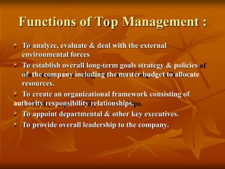 Functions of Top Management :
 To analyze, evaluate & deal with the external
environmental forces
 To establish overall long-term goals strategy & policies
of the company including the master budget to allocate
resources.
 To create an organizational framework consisting of
authority responsibility relationships.
 To appoint departmental & other key executives.
 To provide overall leadership to the company.
 