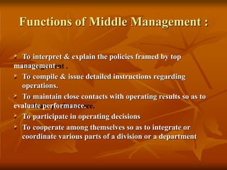 Functions of Middle Management :
 To interpret & explain the policies framed by top
management .
 To compile & issue detailed instructions regarding
operations.
 To maintain close contacts with operating results so as to
evaluate performance.
 To participate in operating decisions
 To cooperate among themselves so as to integrate or
coordinate various parts of a division or a department
 
