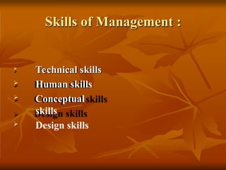 Skills of Management :

Technical skills
 Human skills
 Conceptual
skills
 Design skills
 
