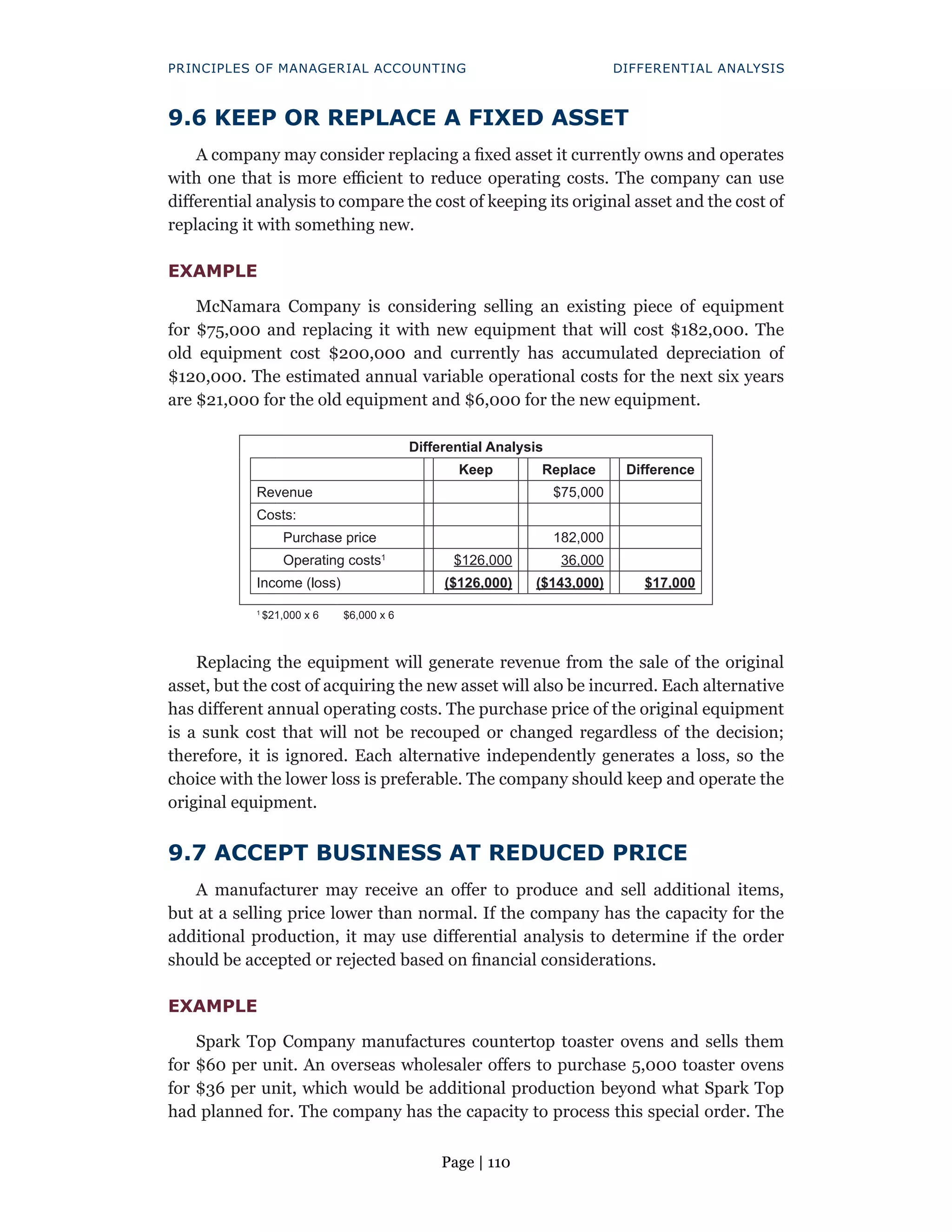 Page | 110
PRINCIPLES OF MANAGERIAL ACCOUNTING DIFFERENTIAL ANALYSIS
9.6 KEEP OR REPLACE A FIXED ASSET
A company may consider replacing a fixed asset it currently owns and operates
with one that is more efficient to reduce operating costs. The company can use
differential analysis to compare the cost of keeping its original asset and the cost of
replacing it with something new.
EXAMPLE
McNamara Company is considering selling an existing piece of equipment
for $75,000 and replacing it with new equipment that will cost $182,000. The
old equipment cost $200,000 and currently has accumulated depreciation of
$120,000. The estimated annual variable operational costs for the next six years
are $21,000 for the old equipment and $6,000 for the new equipment.
Differential Analysis
Keep Replace Difference
Revenue $75,000
Costs:
Purchase price 182,000
Operating costs1
$126,000 36,000
Income (loss) ($126,000) ($143,000) $17,000
1
$21,000 x 6 $6,000 x 6
Replacing the equipment will generate revenue from the sale of the original
asset, but the cost of acquiring the new asset will also be incurred. Each alternative
has different annual operating costs. The purchase price of the original equipment
is a sunk cost that will not be recouped or changed regardless of the decision;
therefore, it is ignored. Each alternative independently generates a loss, so the
choice with the lower loss is preferable. The company should keep and operate the
original equipment.
9.7 ACCEPT BUSINESS AT REDUCED PRICE
A manufacturer may receive an offer to produce and sell additional items,
but at a selling price lower than normal. If the company has the capacity for the
additional production, it may use differential analysis to determine if the order
should be accepted or rejected based on financial considerations.
EXAMPLE
Spark Top Company manufactures countertop toaster ovens and sells them
for $60 per unit. An overseas wholesaler offers to purchase 5,000 toaster ovens
for $36 per unit, which would be additional production beyond what Spark Top
had planned for. The company has the capacity to process this special order. The
 